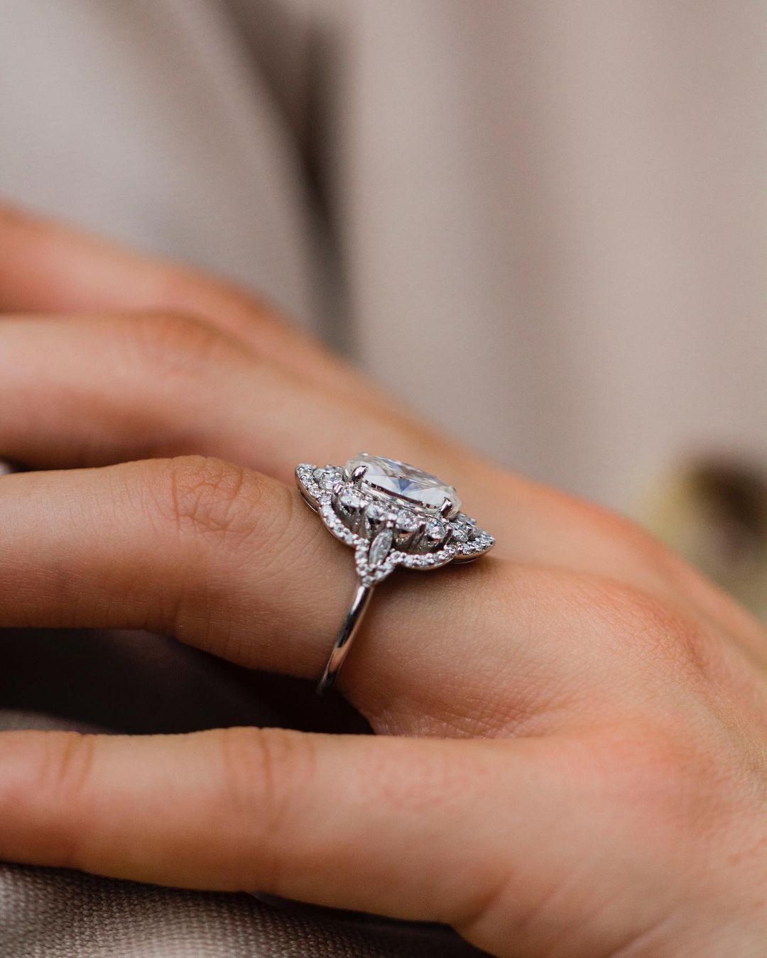 4.10 CT Oval Halo Art Deco Customised Pave Moissanite Engagement Ring