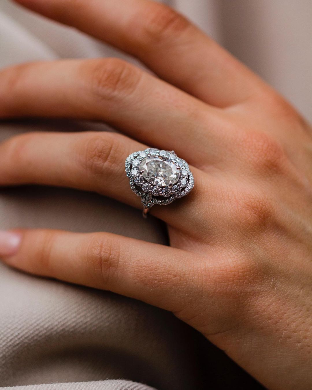 4.10 CT Oval Halo Art Deco Customised Pave Moissanite Engagement Ring