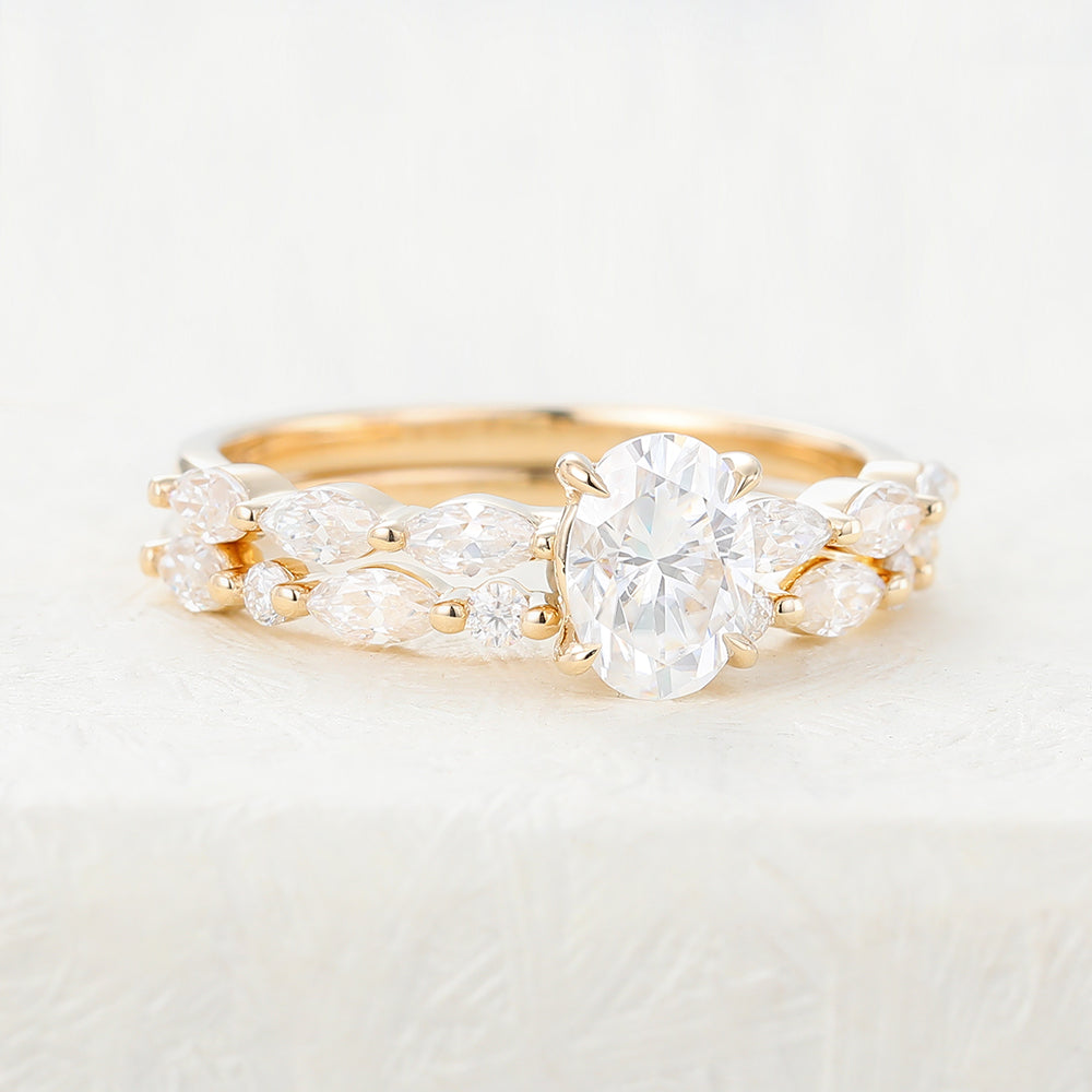 0.84 CT Oval Moissanite Pave Bridal Ring Set