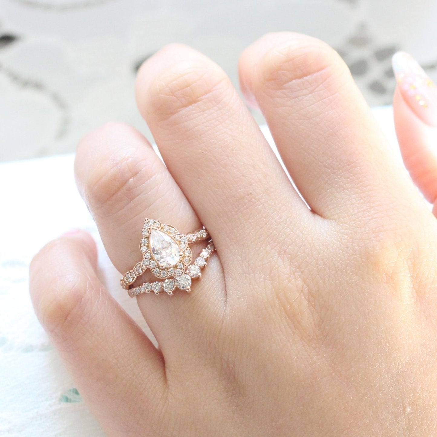 Pear cut moissanite with bridal band set 14k in rose gold