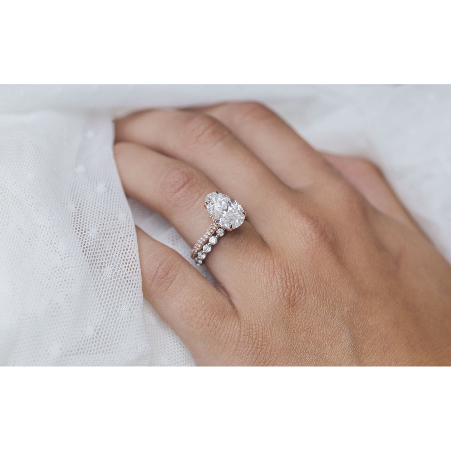 3.20CT Elongated Oval Cut Three Side Pave Moissanite Diamond Hidden Halo Engagement Ring