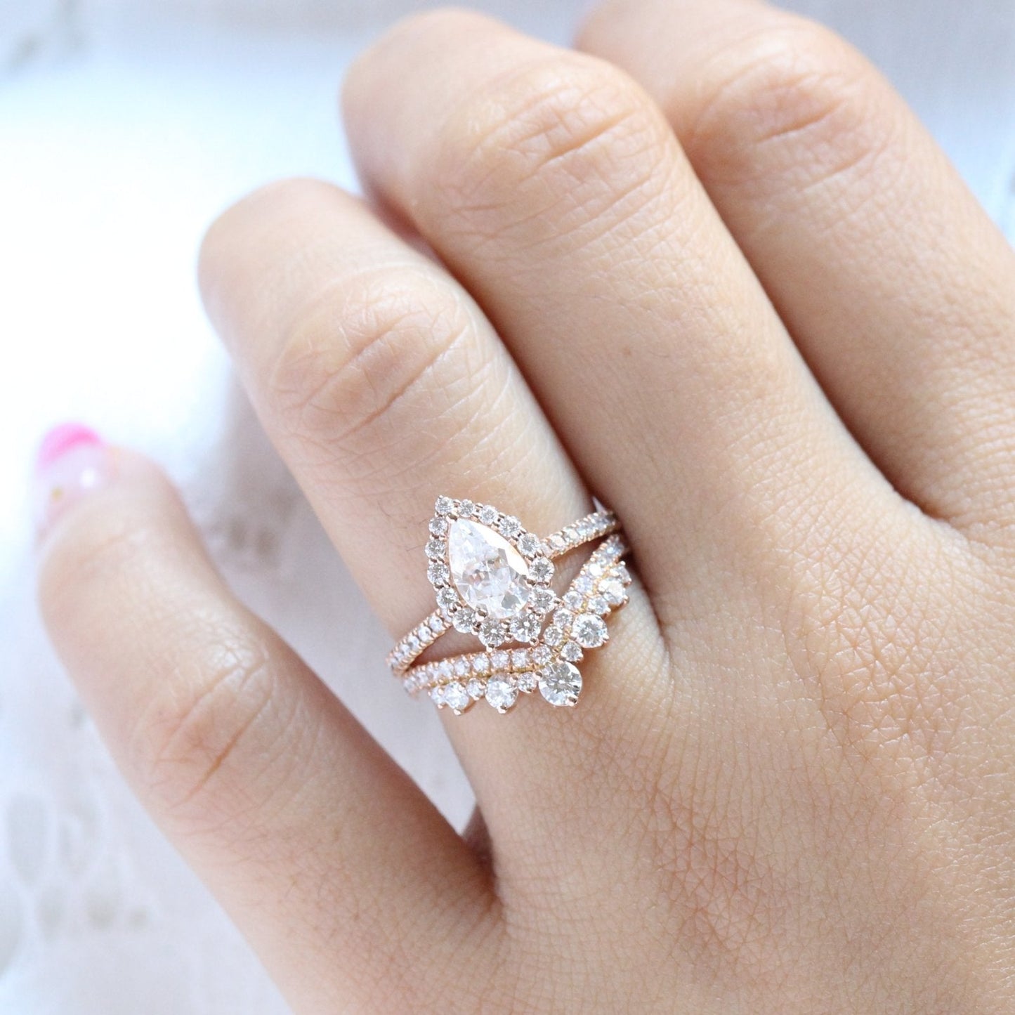 Tiara Halo Pave Bridal Set With Pear Moissanite and Tiara Diamond Band