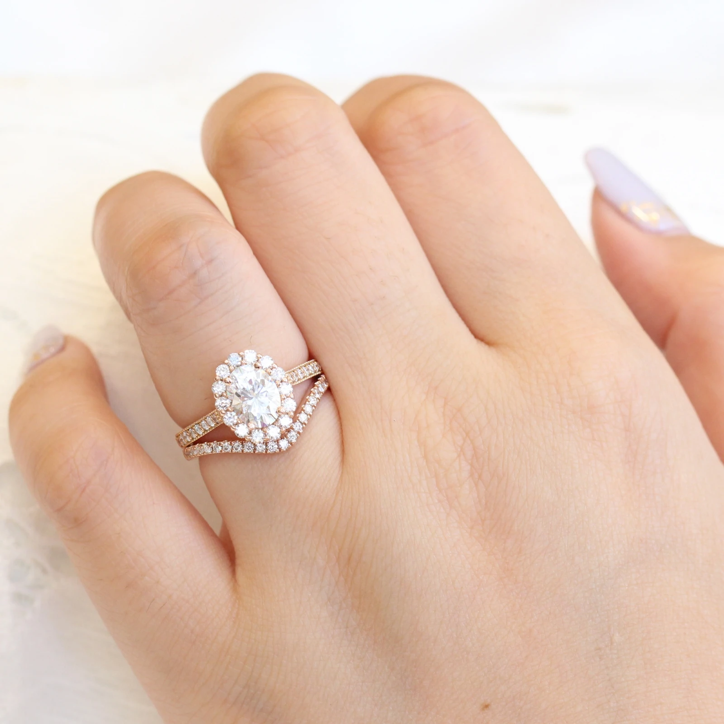 1.50ct Oval Cut Moissanite Halo Engagement Ring With Curved Wedding Band