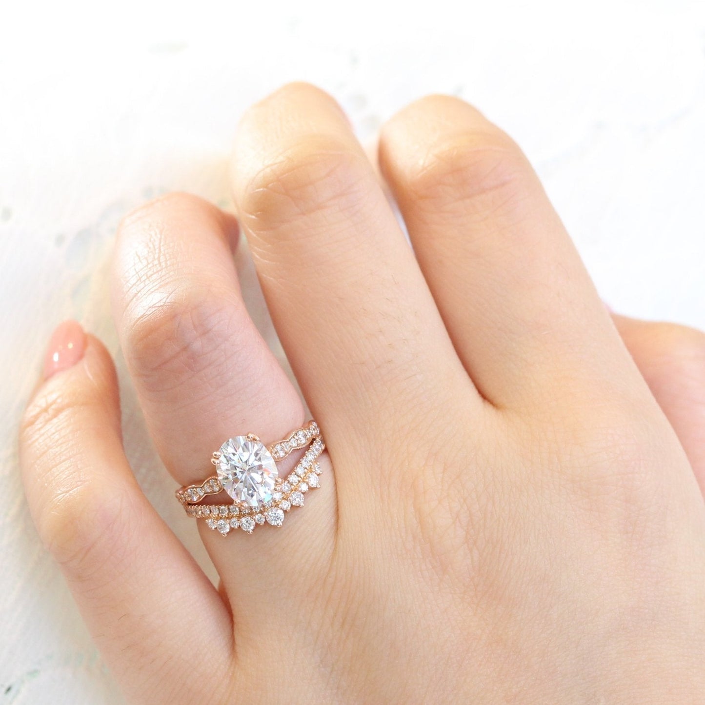 Solitaire Oval Moissanite Ring With Crown Diamond Band Ring