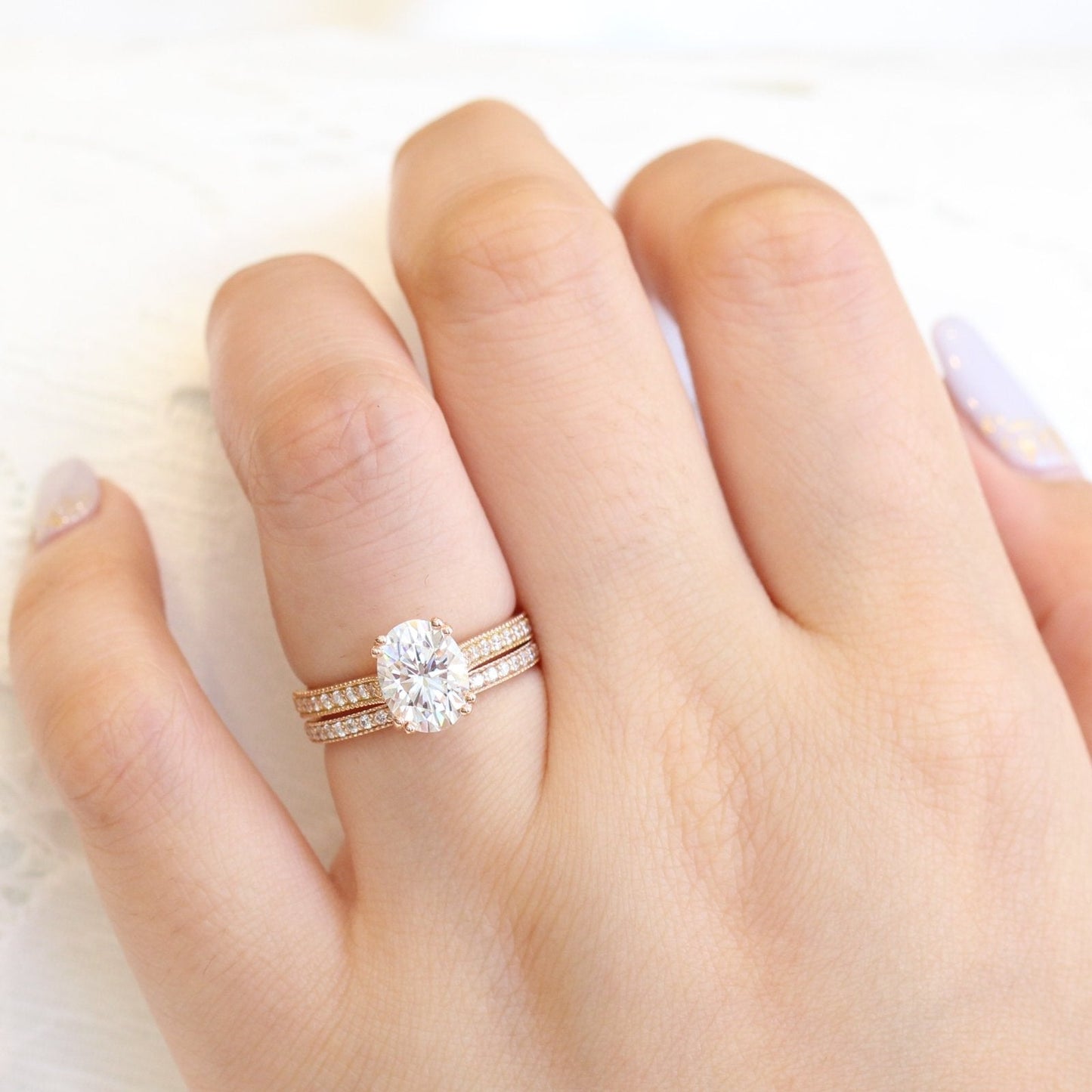 2.0ct Oval Moissanite Channel Set Engagement Ring with Matching Wedding Band