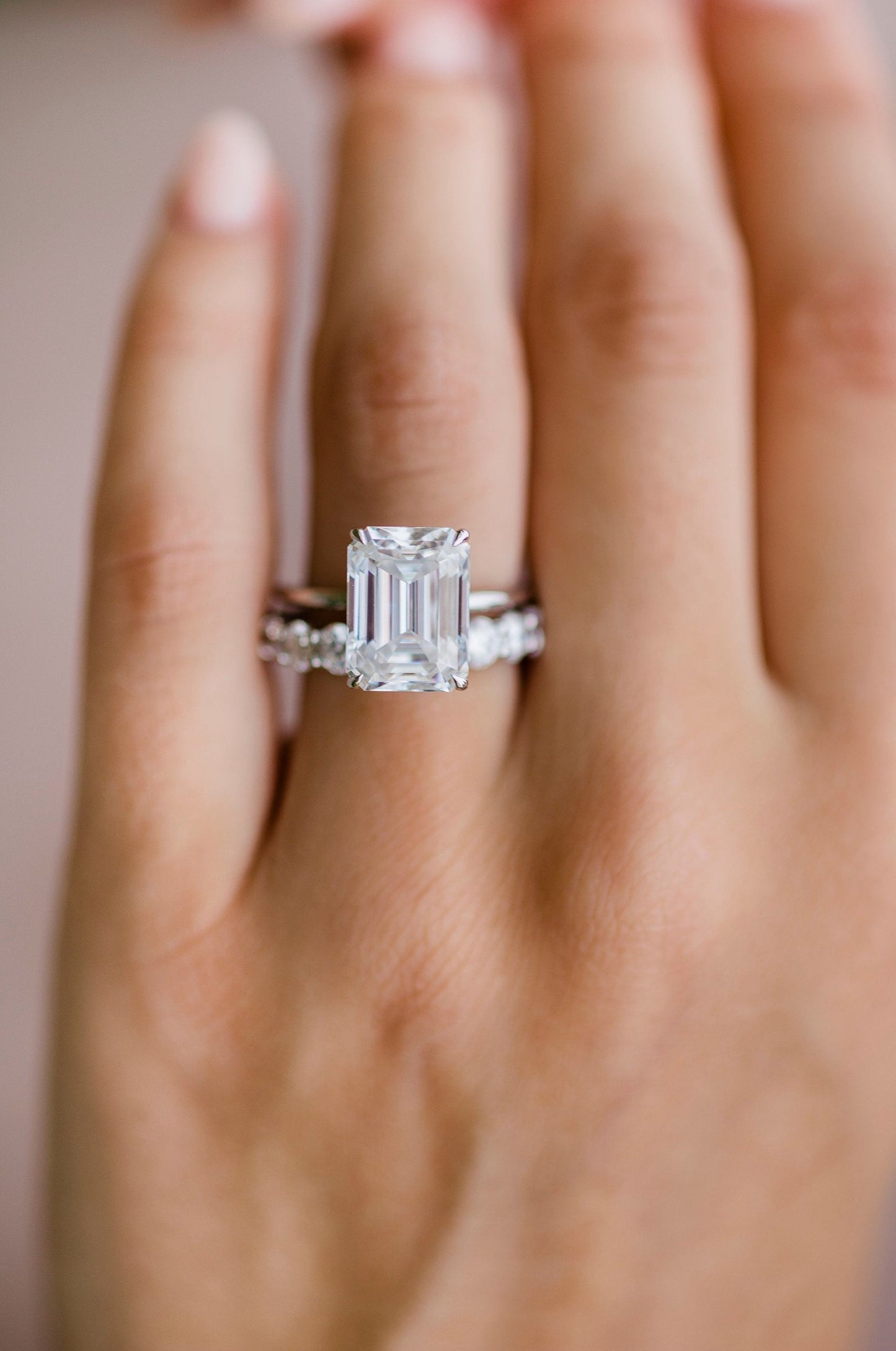 5.0CT Emerald Cut Hidden Halo Moissanite Diamond Engagement Ring