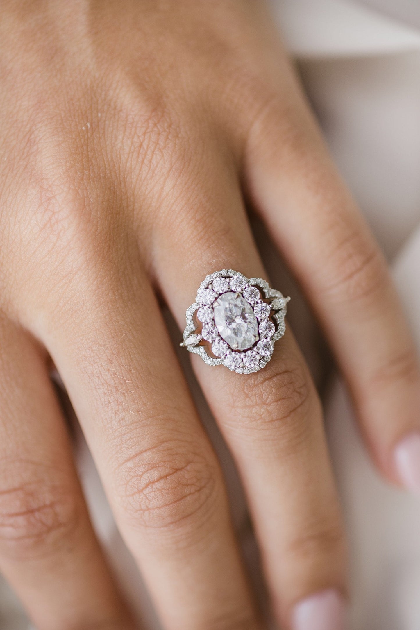 1.85 CT- 3.85 CT Oval Art Deco Halo Moissanite Engagement Ring