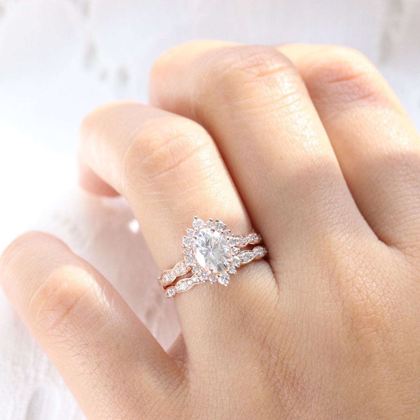 Tiara Halo Scalloped Bridal Set With Moissanite Diamond Band