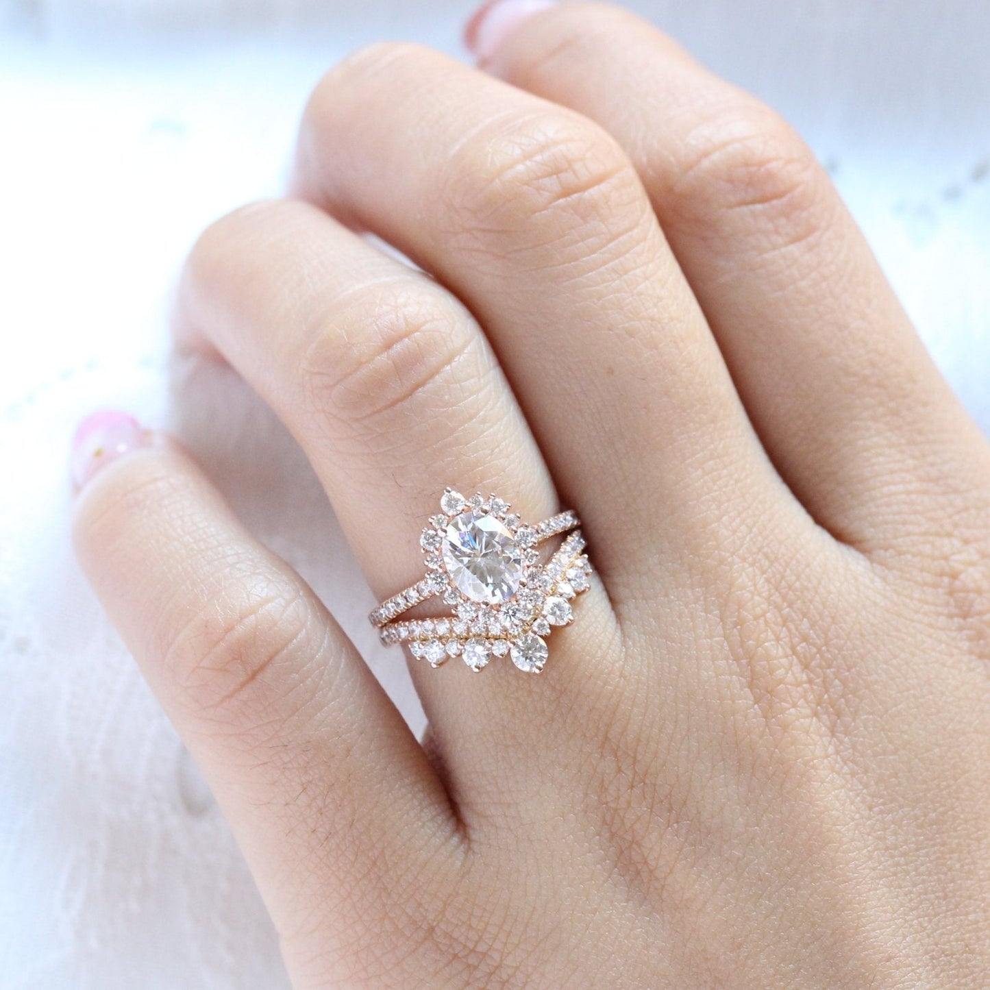 Tiara Halo Oval Ring Set in Pave Band With Tiara Diamond Wedding Band