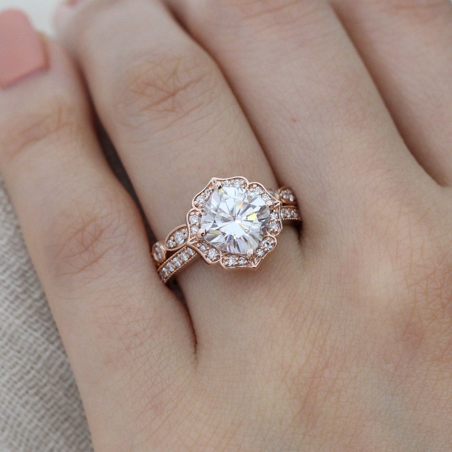 Round Cut Moissanite Ring With Bezel Diamond Band
