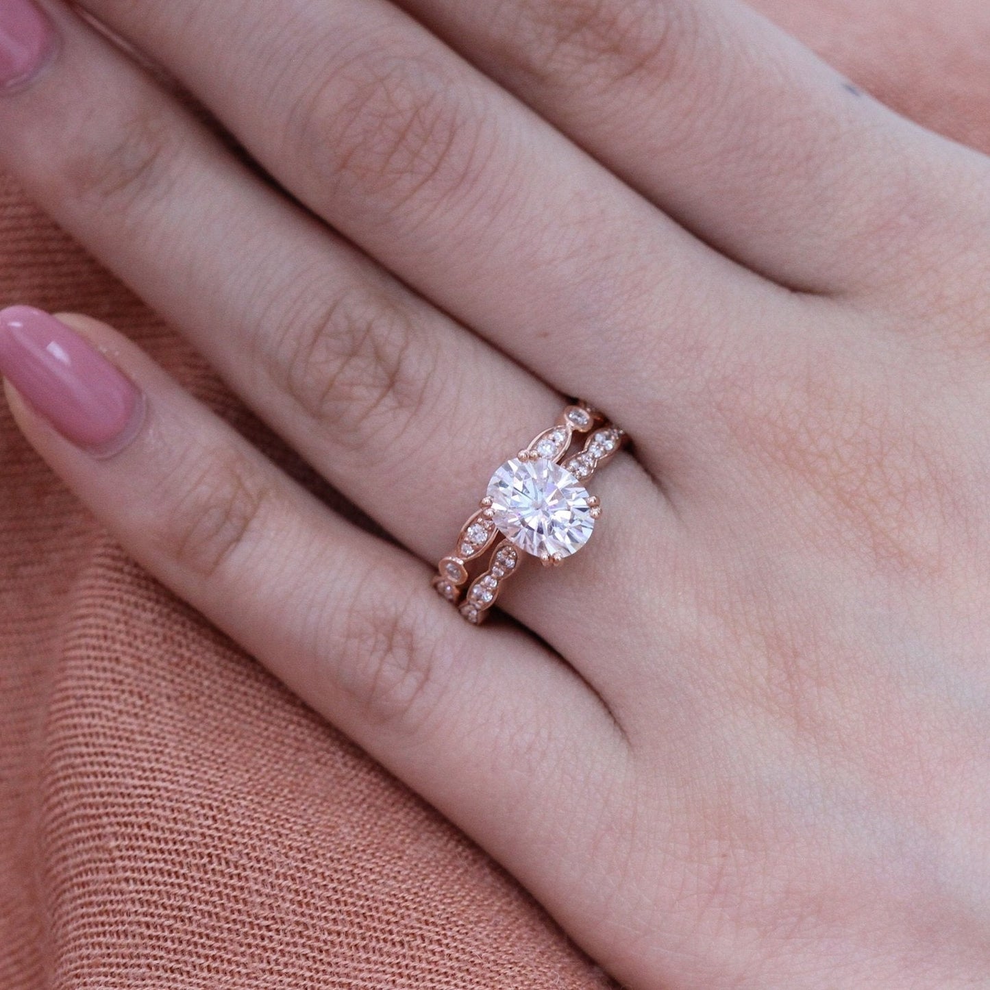 2.0ct Oval Moissanite Double Claw Ring with Matching Wedding Band