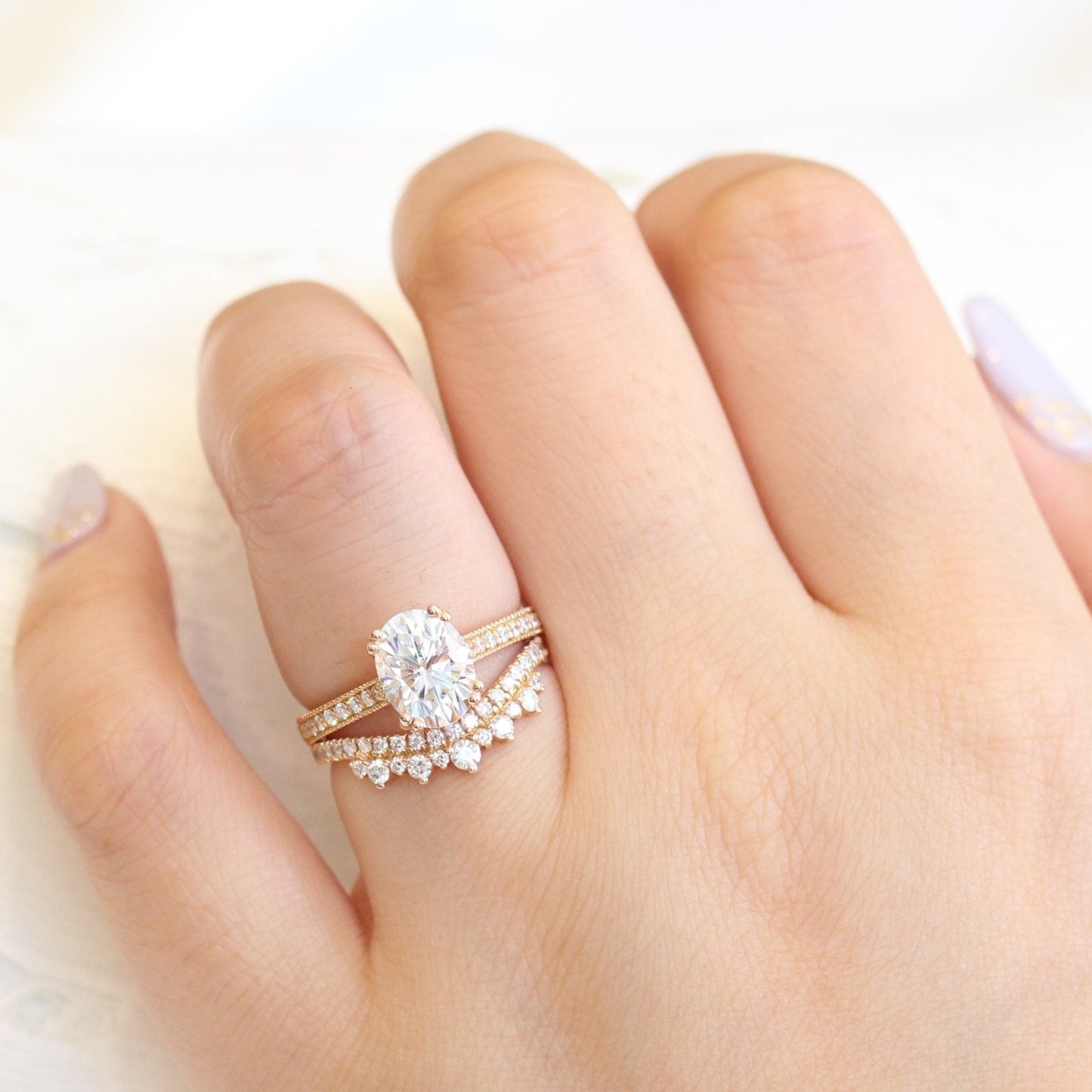 2.0ct Oval Cut Moissanite Channel Set Engagement Ring With Crown Wedding Band