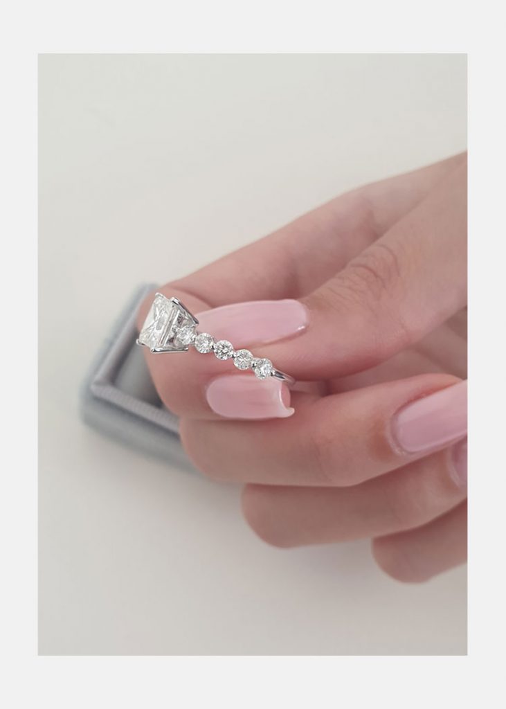 2.0ct Princess Cut Bubble Pave Moissanite Diamond Engagement Ring in 14K White Gold