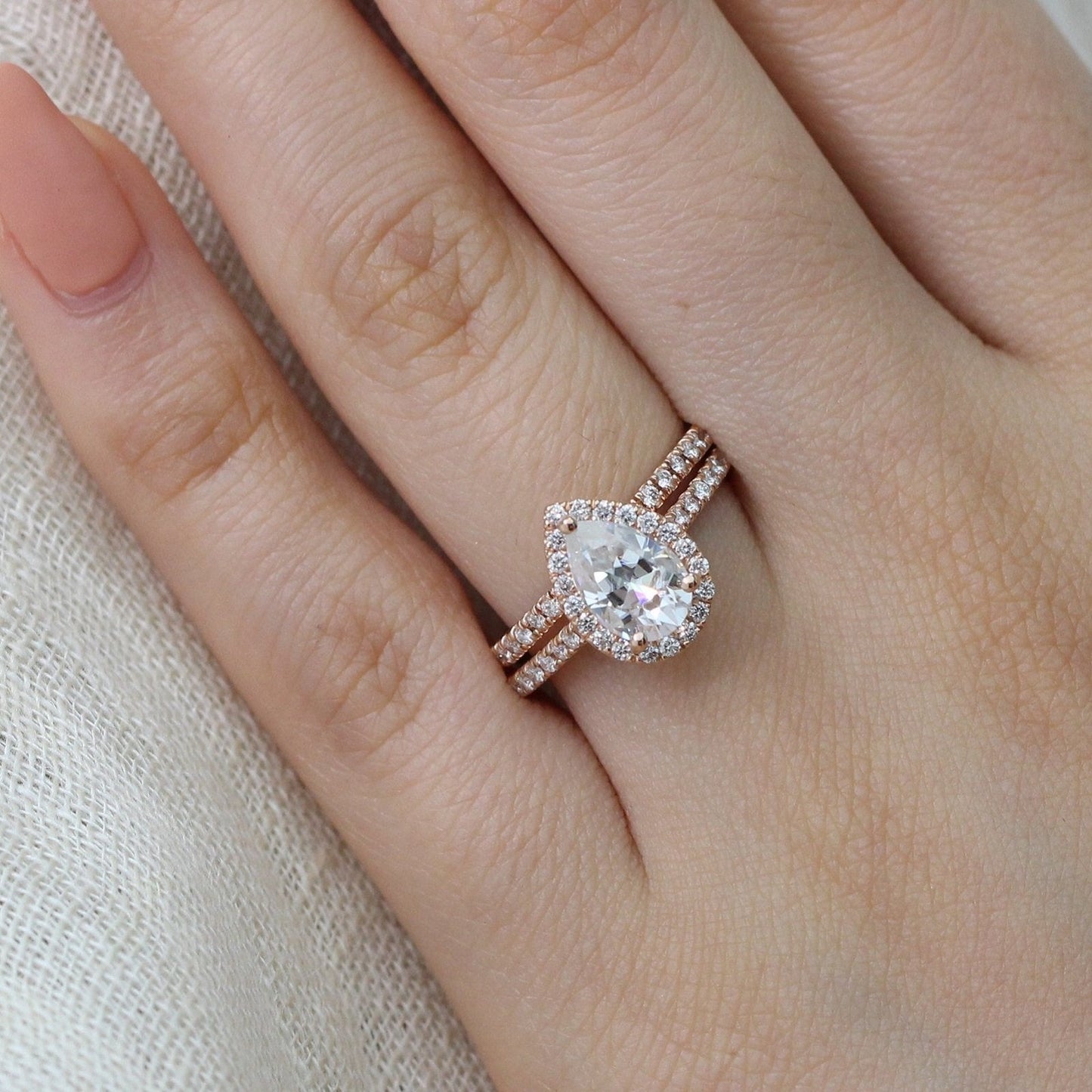 Pear Cut Halo Pave Ring With Diamond Wedding Band
