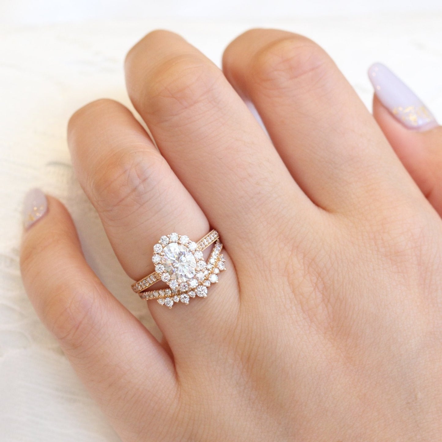 1.5ct Oval Cut Moissanite Halo Engagement Ring With Crown Wedding Band