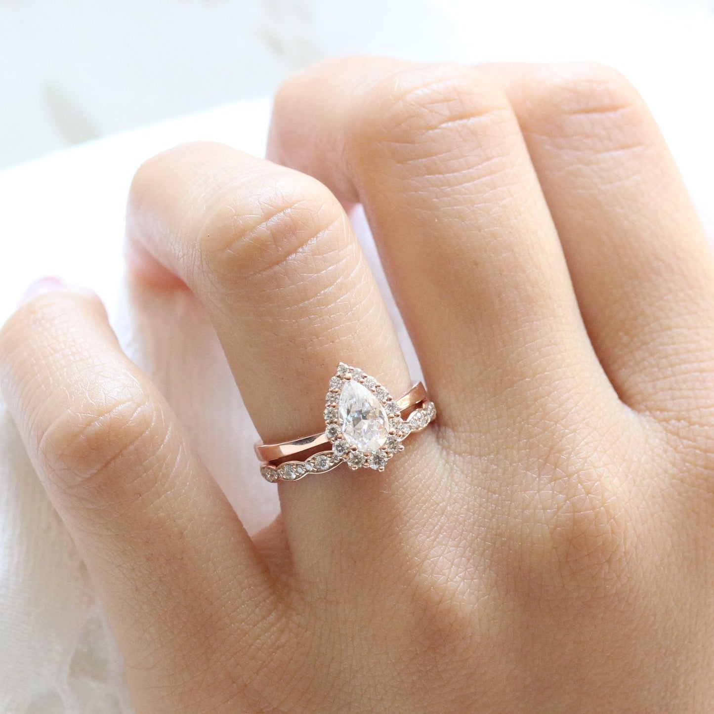 Tiara Halo Bridal Set With Pear Moissanite and Scalloped Diamond Band