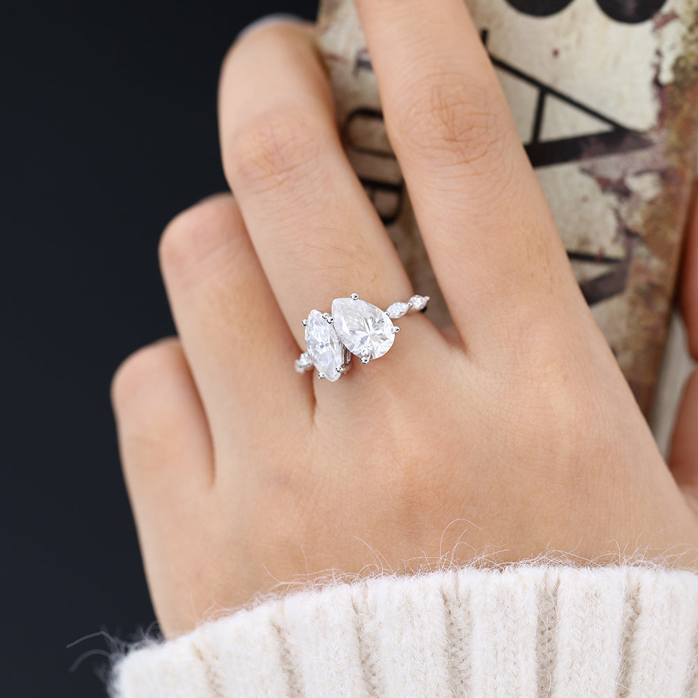 0.90 CT Marquise & 1.93 CT Pear Shaped Moissanite Two Stone Engagement Ring