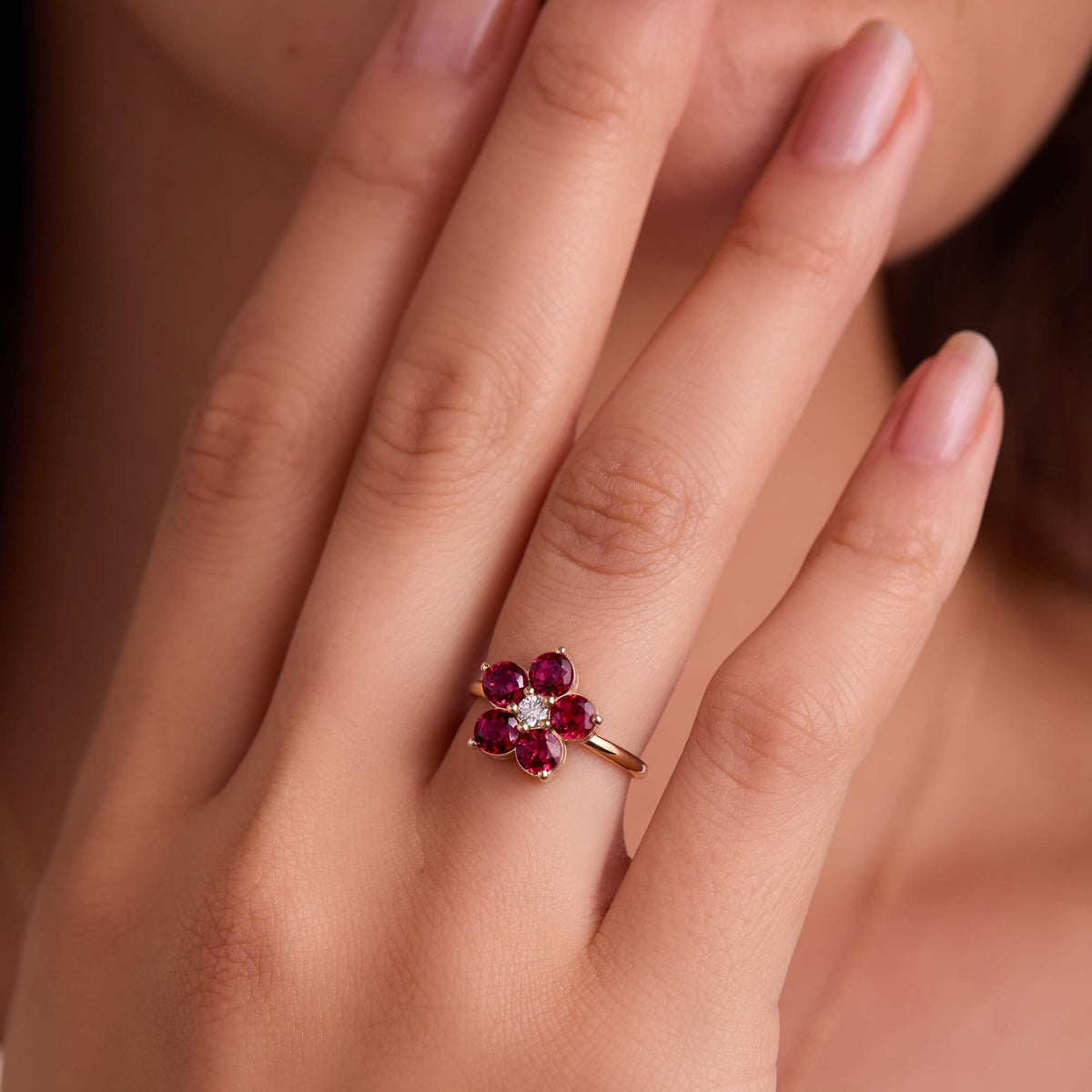1.45TCW Round Cut Floral Moissanite Ruby Bithstone Engagement Ring
