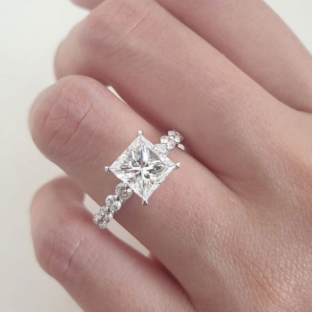 2.0ct Princess Cut Bubble Pave Moissanite Diamond Engagement Ring in 14K White Gold