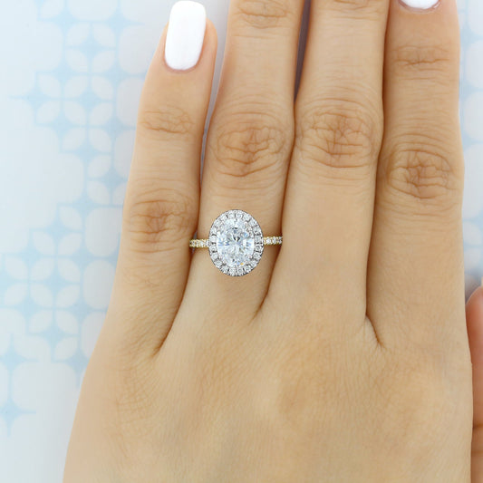 1.93CT Oval Cut Halo Moissanite Engagement Ring in 18K Yellow Gold