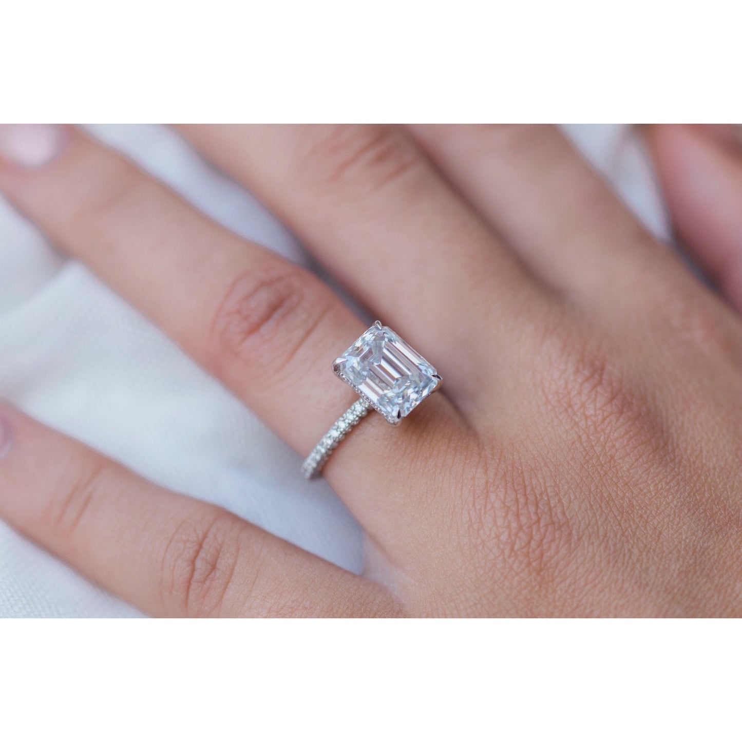 3.25 CT Emerald cut Hidden Halo Moissanite Engagement Ring