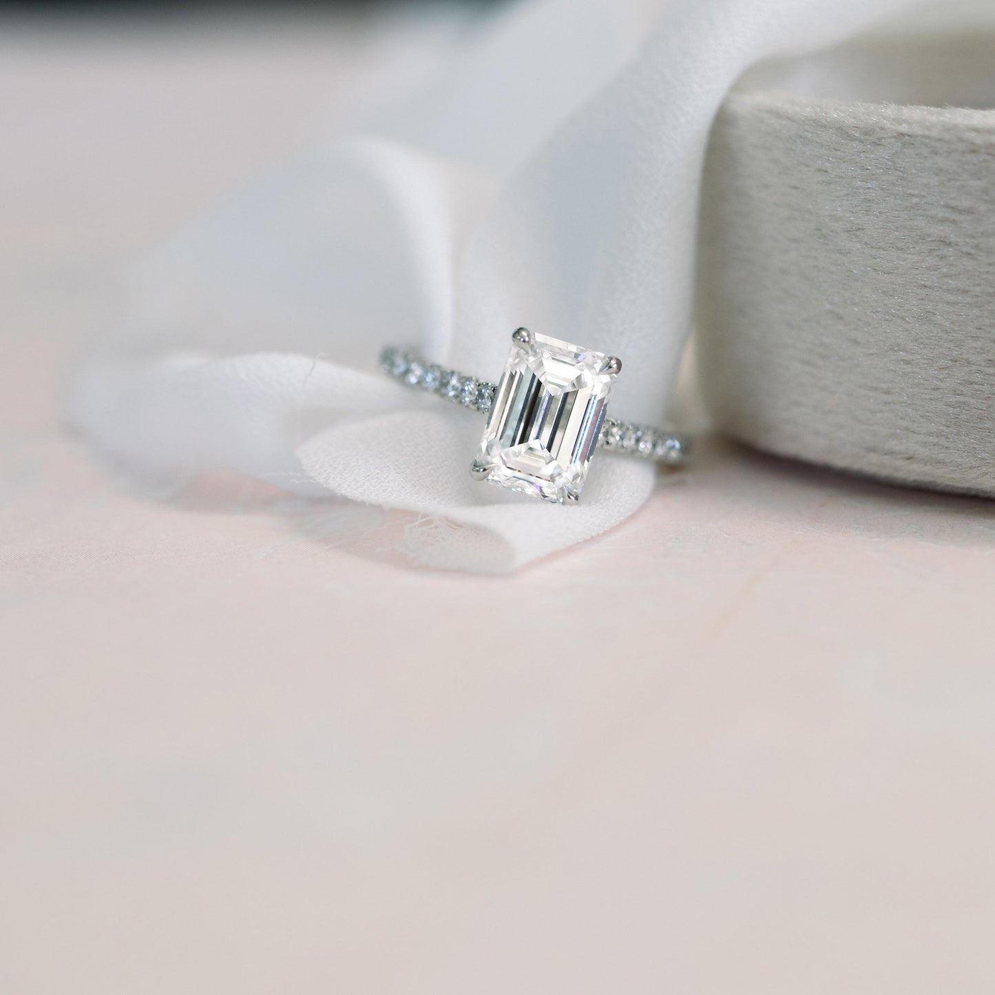 1.75CT Emerald Cut Moissanite Cathedral Pave Diamond Engagement Ring