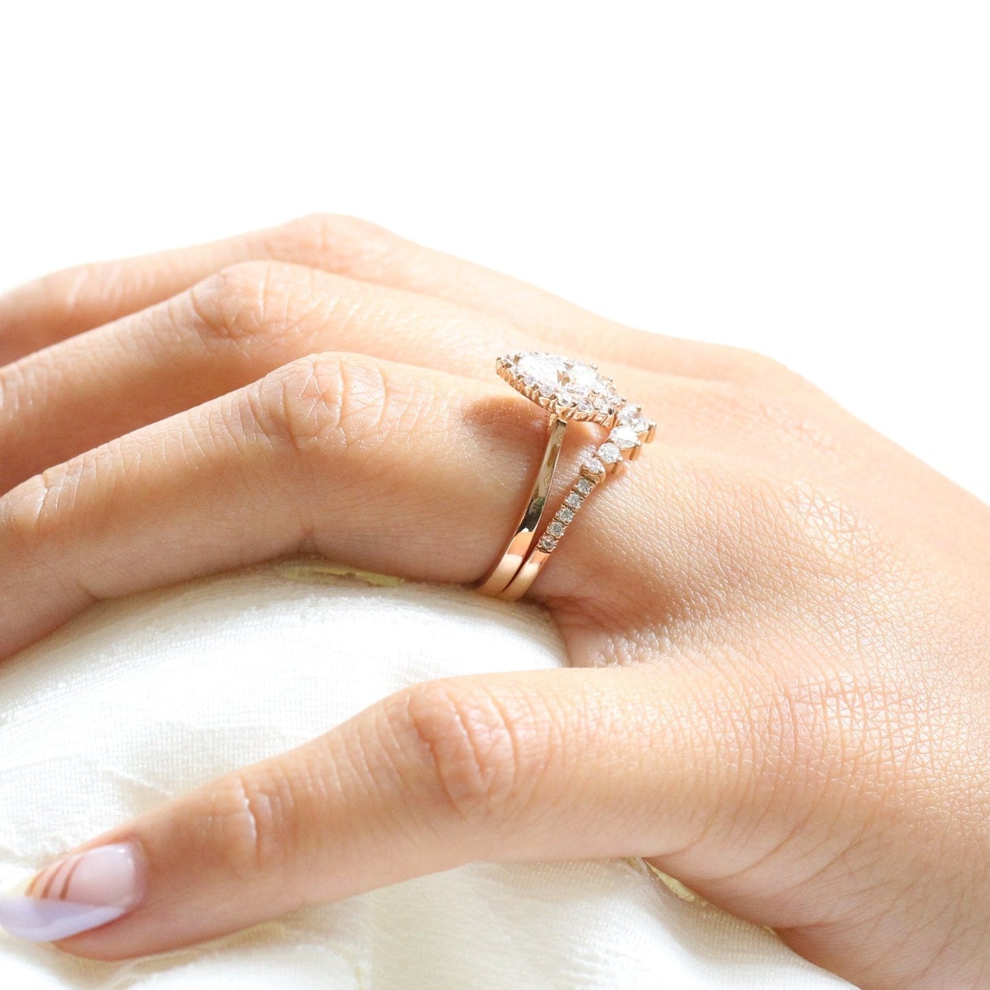 Pear cut moissanite with pave bridal band set 14k in rose gold