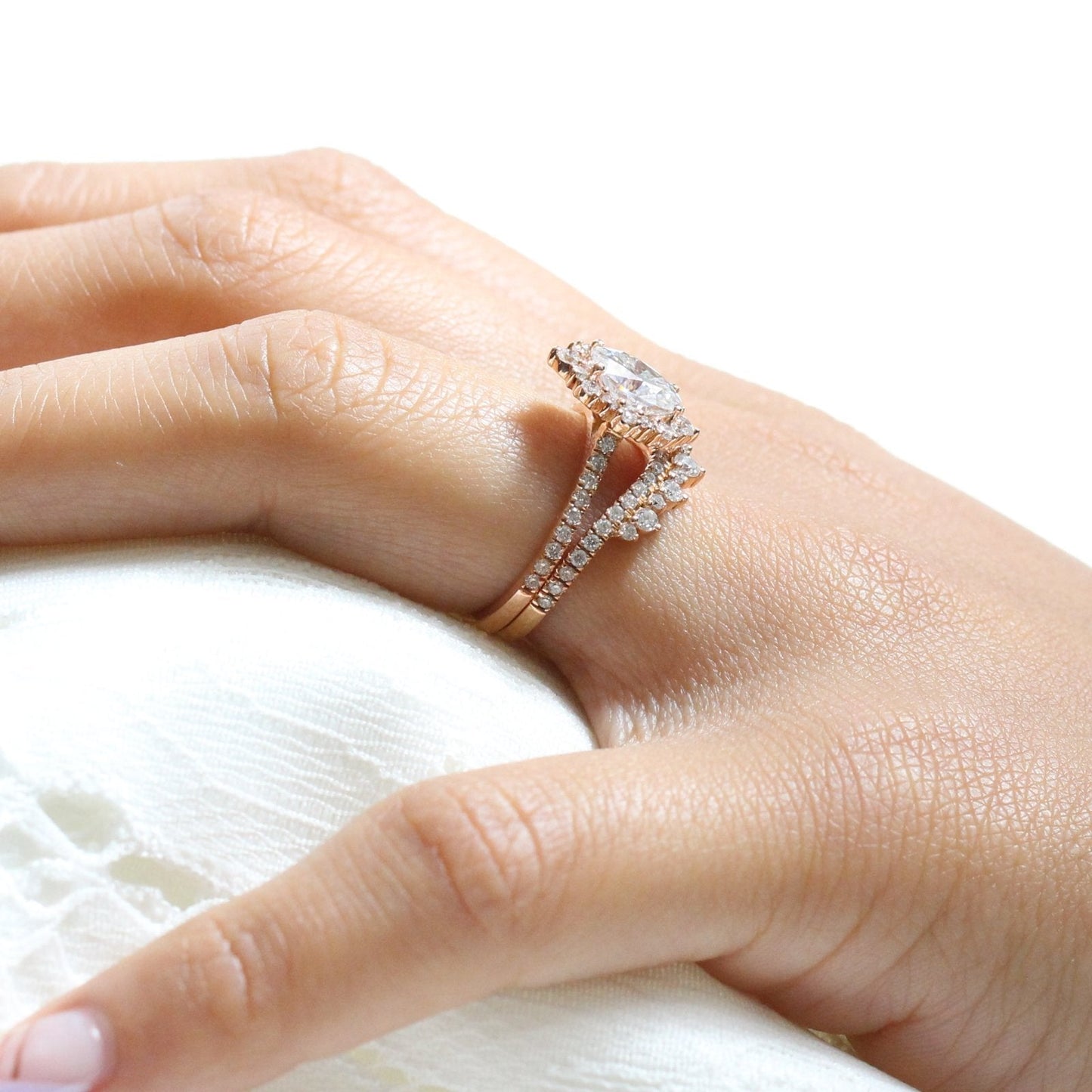 Oval moissanite with crown bridal set 14k in rose gold