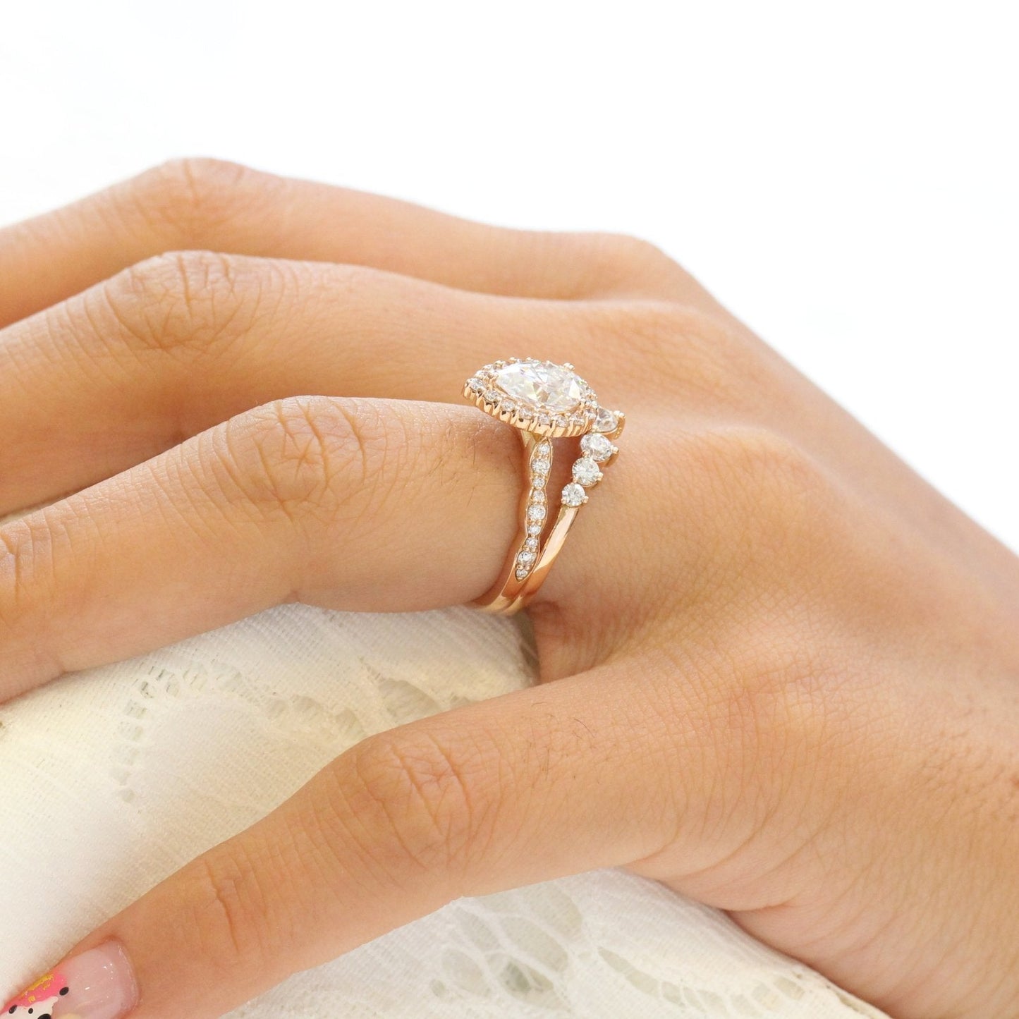 Pear cut moissanite with bridal band set 14k in rose gold