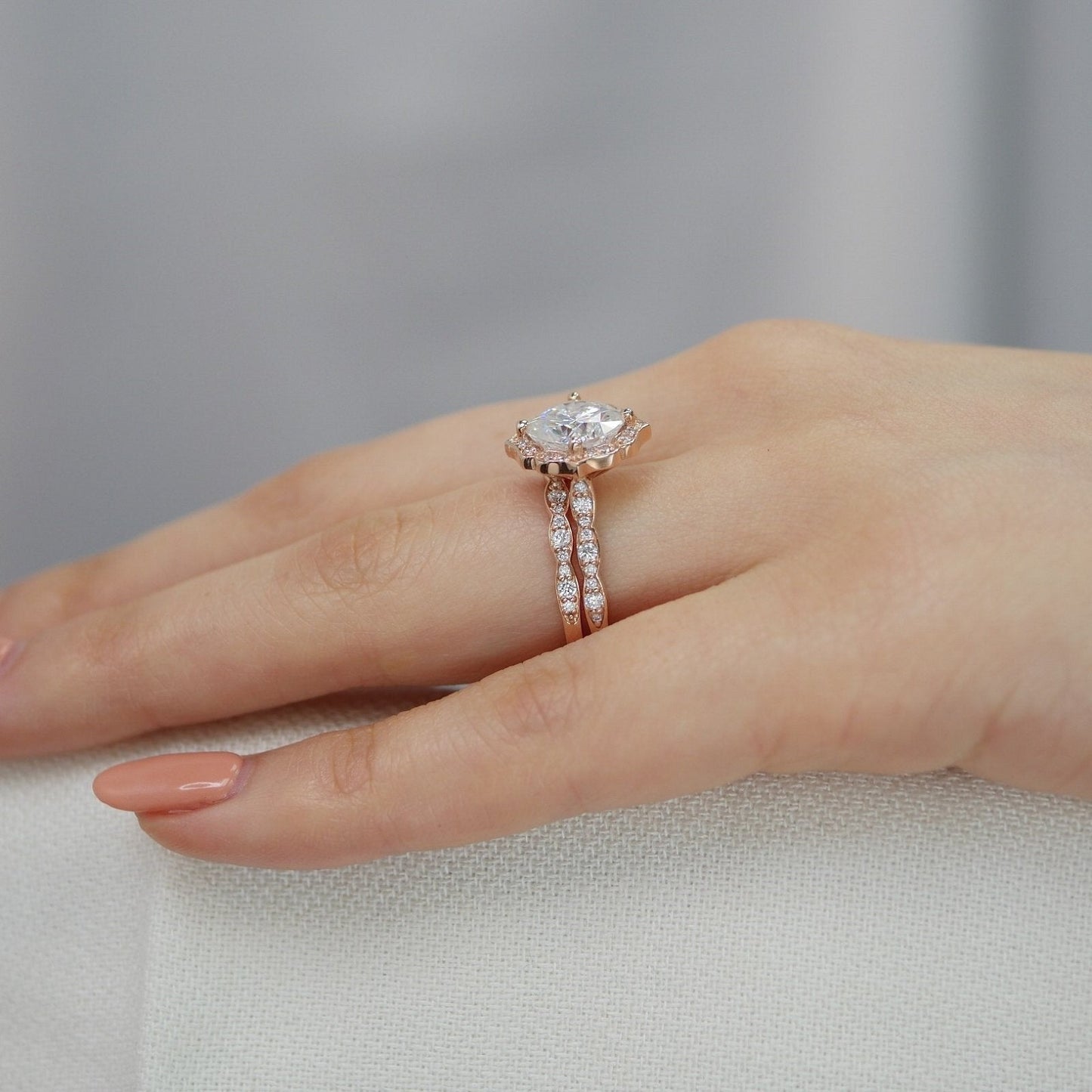 Round Floral moissanite with bridal band set 14k in rose gold