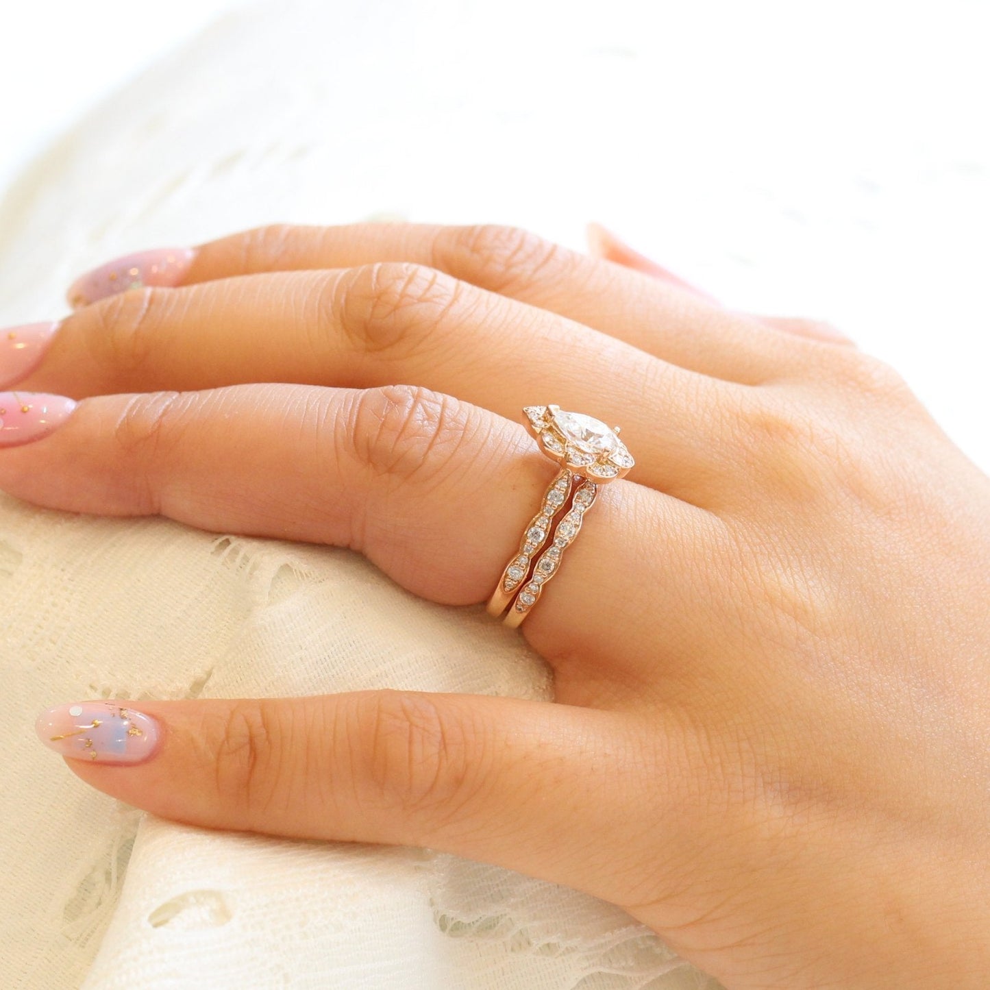 Pear floral moissanite bridal set 14k in rose gold
