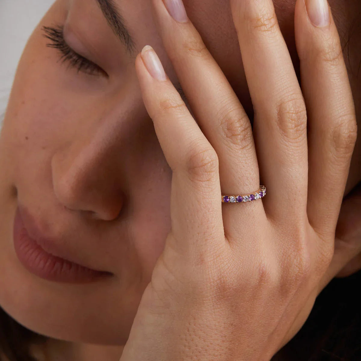 1.30TCW Round Amethyst Moissanite February Birthstone Wedding Band