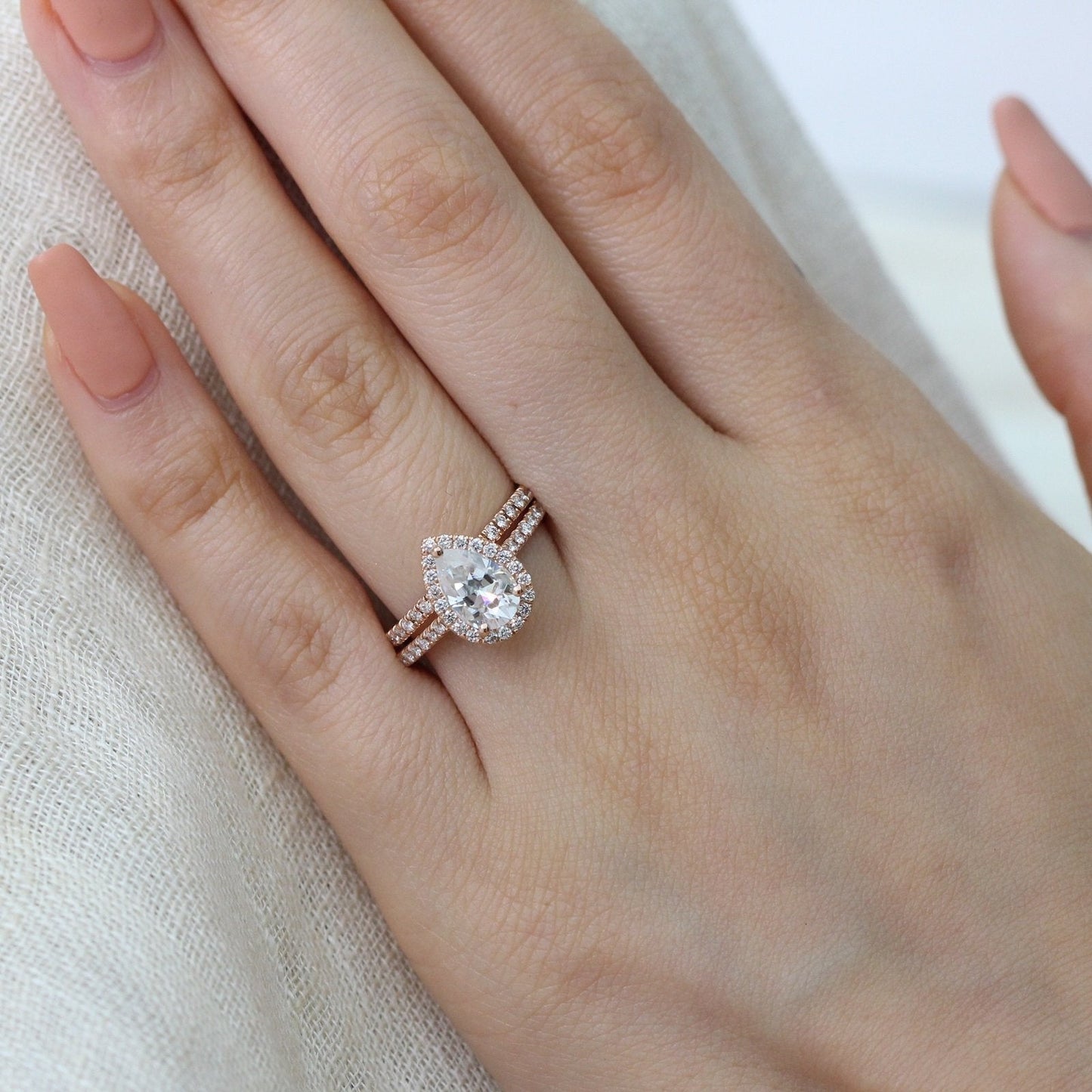 Pear Cut Halo Pave Ring With Diamond Wedding Band