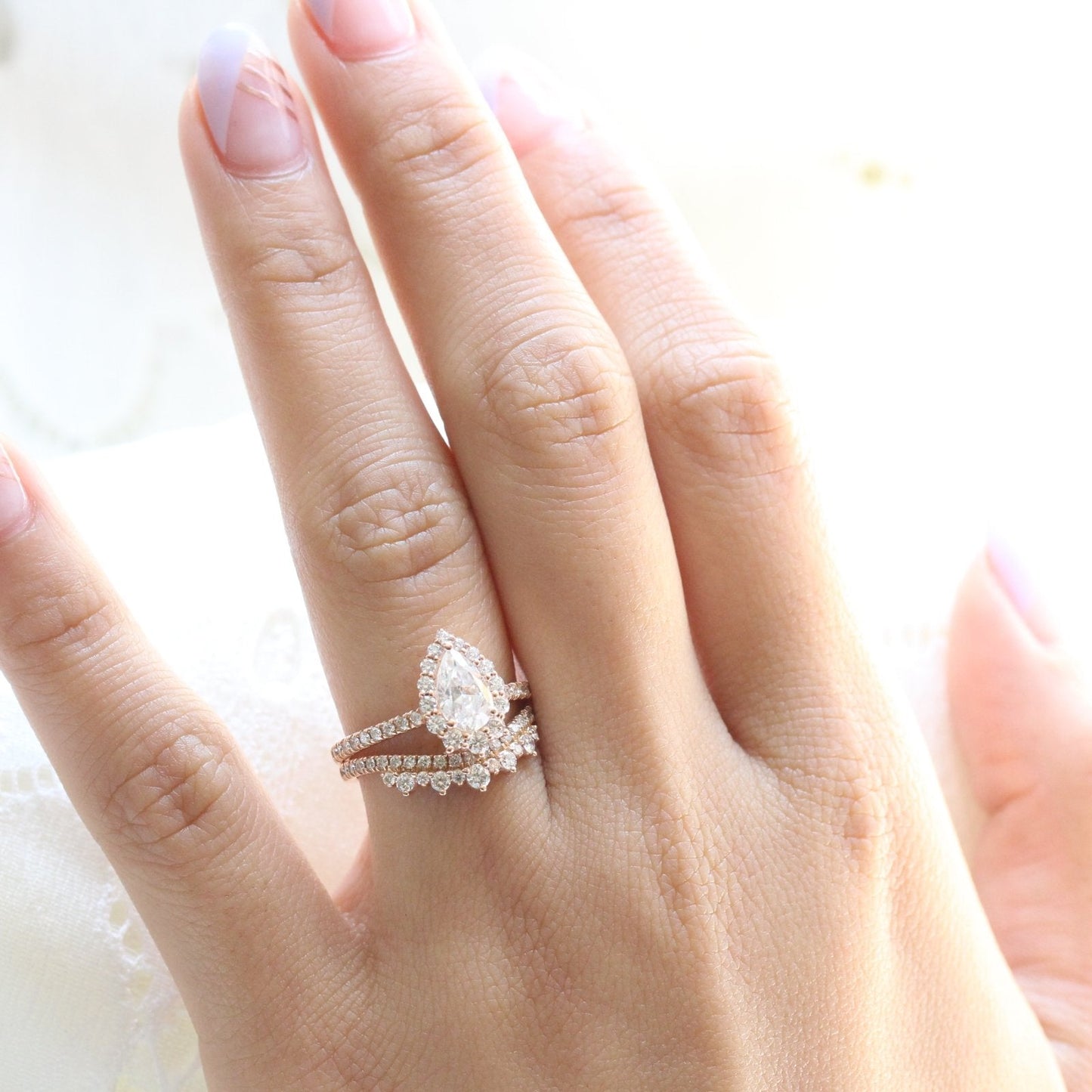 Pear cut moissanite with bridal band set 14k in rose gold