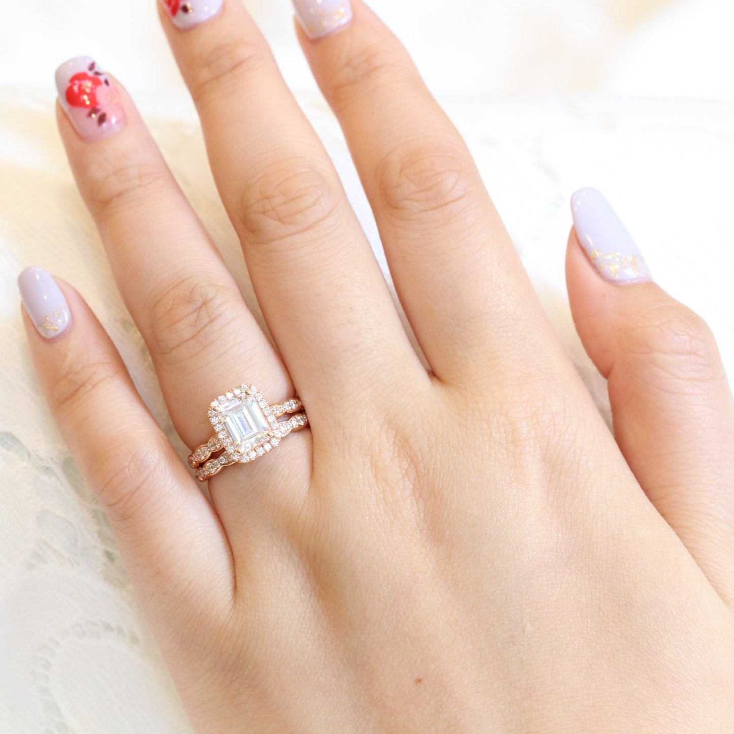 1.60ct Emerald Cut Moissanite Halo Engagement Ring with Match Wedding Band