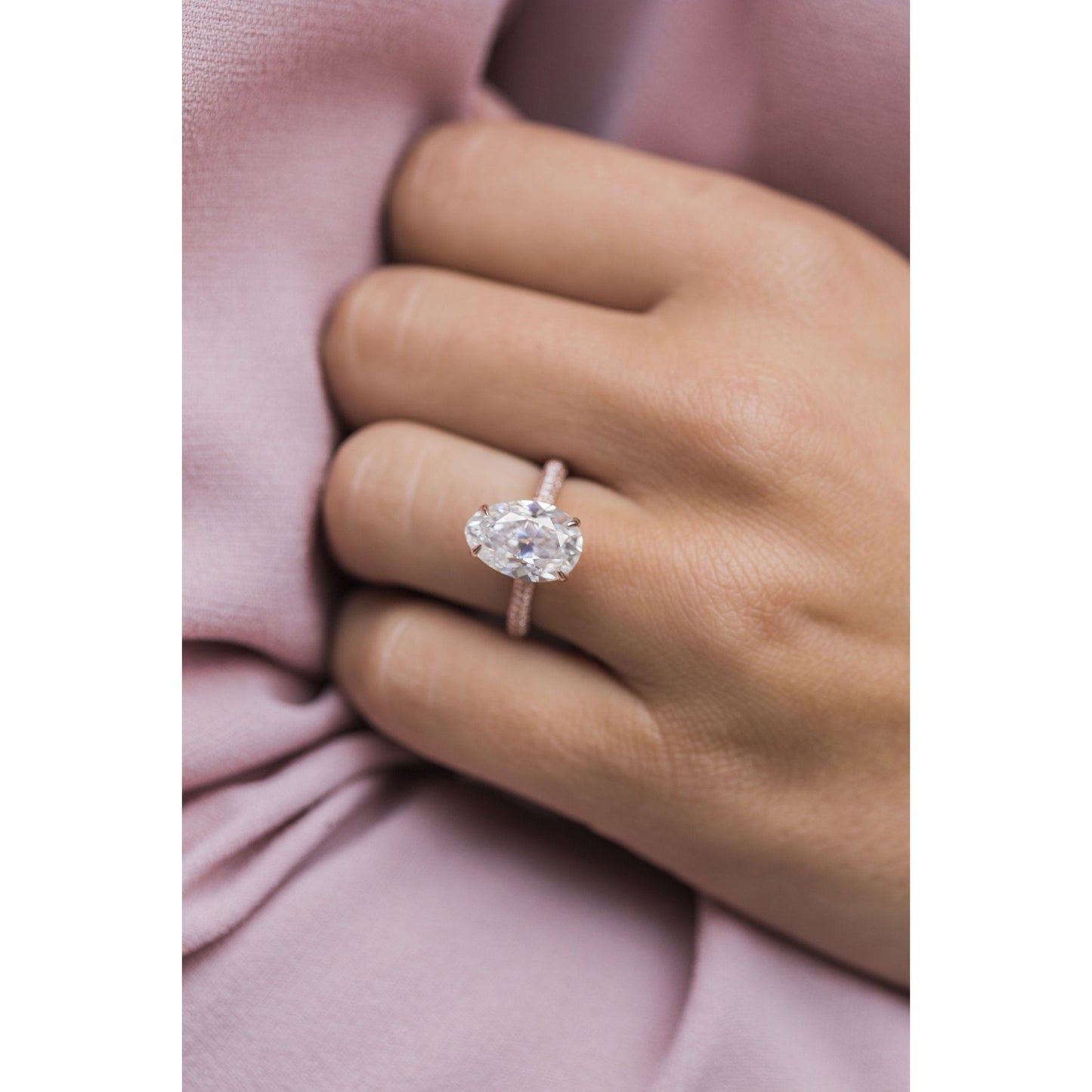 3.20CT Elongated Oval Cut Three Side Pave Moissanite Diamond Hidden Halo Engagement Ring