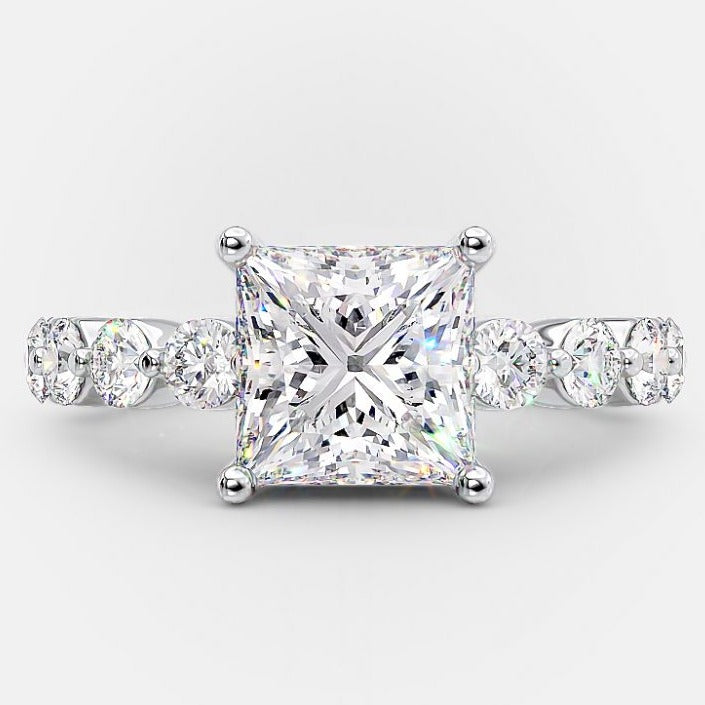 2.0ct Princess Cut Bubble Pave Moissanite Diamond Engagement Ring in 14K White Gold