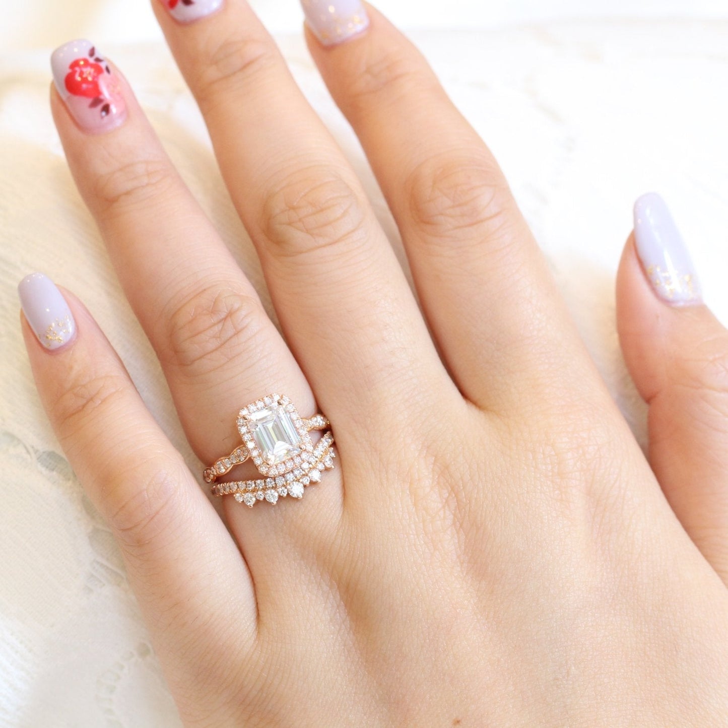 Emerald Cut Moissanite Ring With Crown Diamond Band Ring