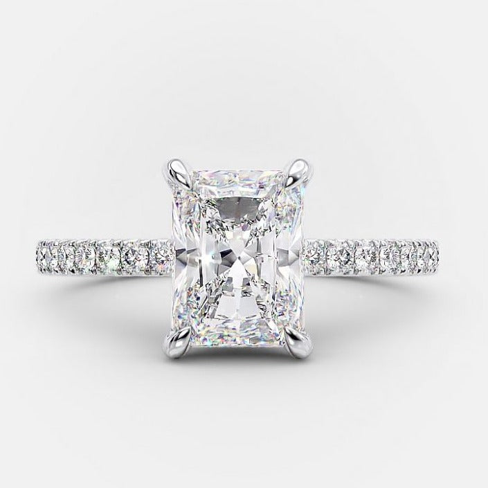 2.0ct Radiant Cut Hidden Halo Moissanite Diamond Engagement Ring in 14K White Gold