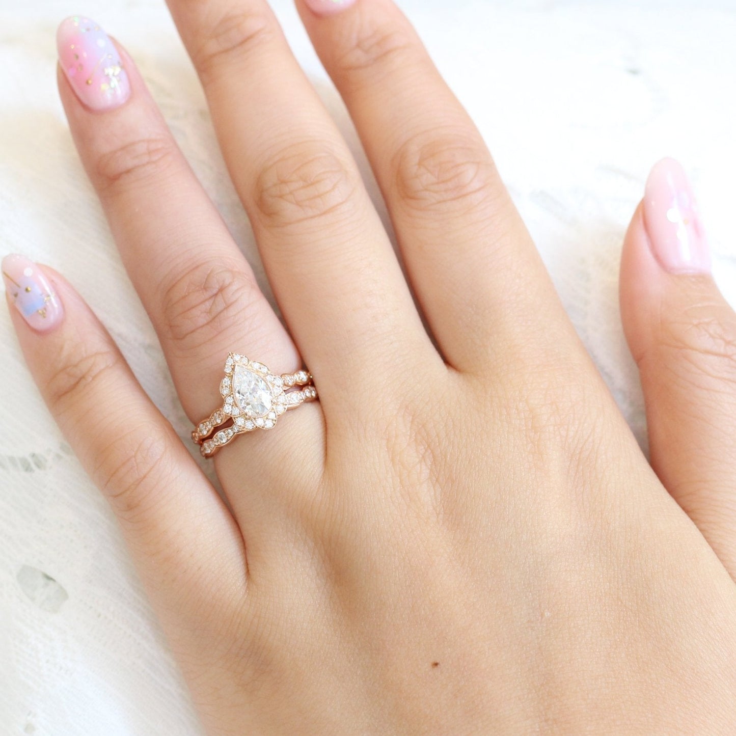 Pear floral moissanite bridal set 14k in rose gold