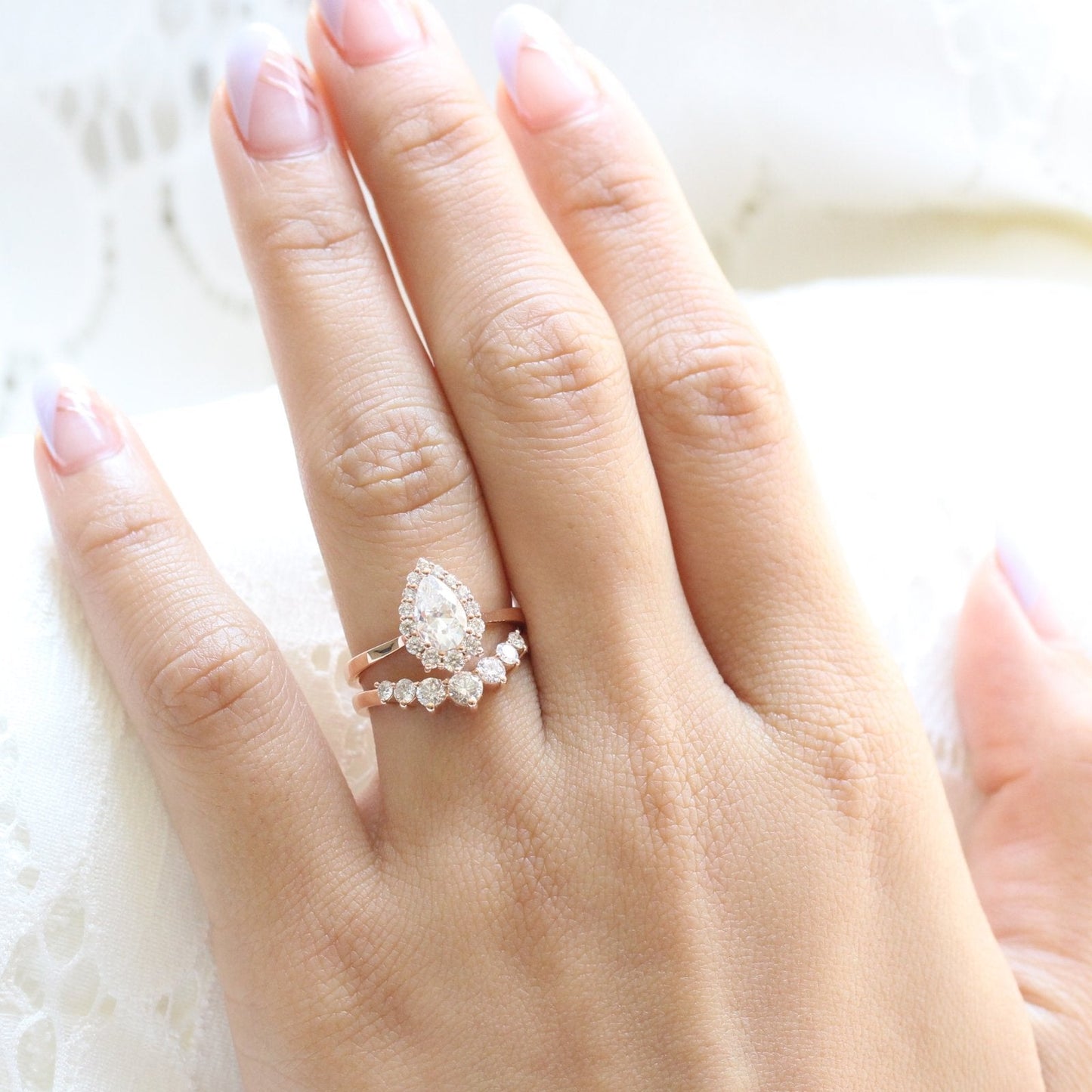 Pear cut moissanite with halo bridal band set 14k in rose gold