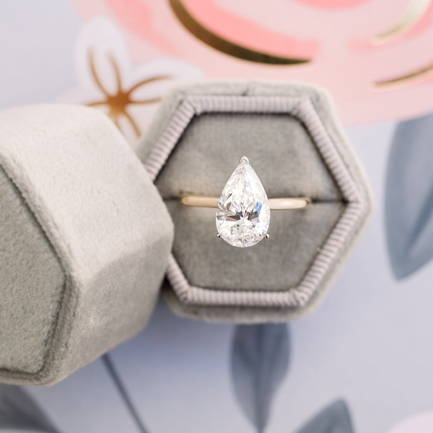 4.0ct Pear Cut Moissanite Diamond Cathedral Solitaire Engagement Ring