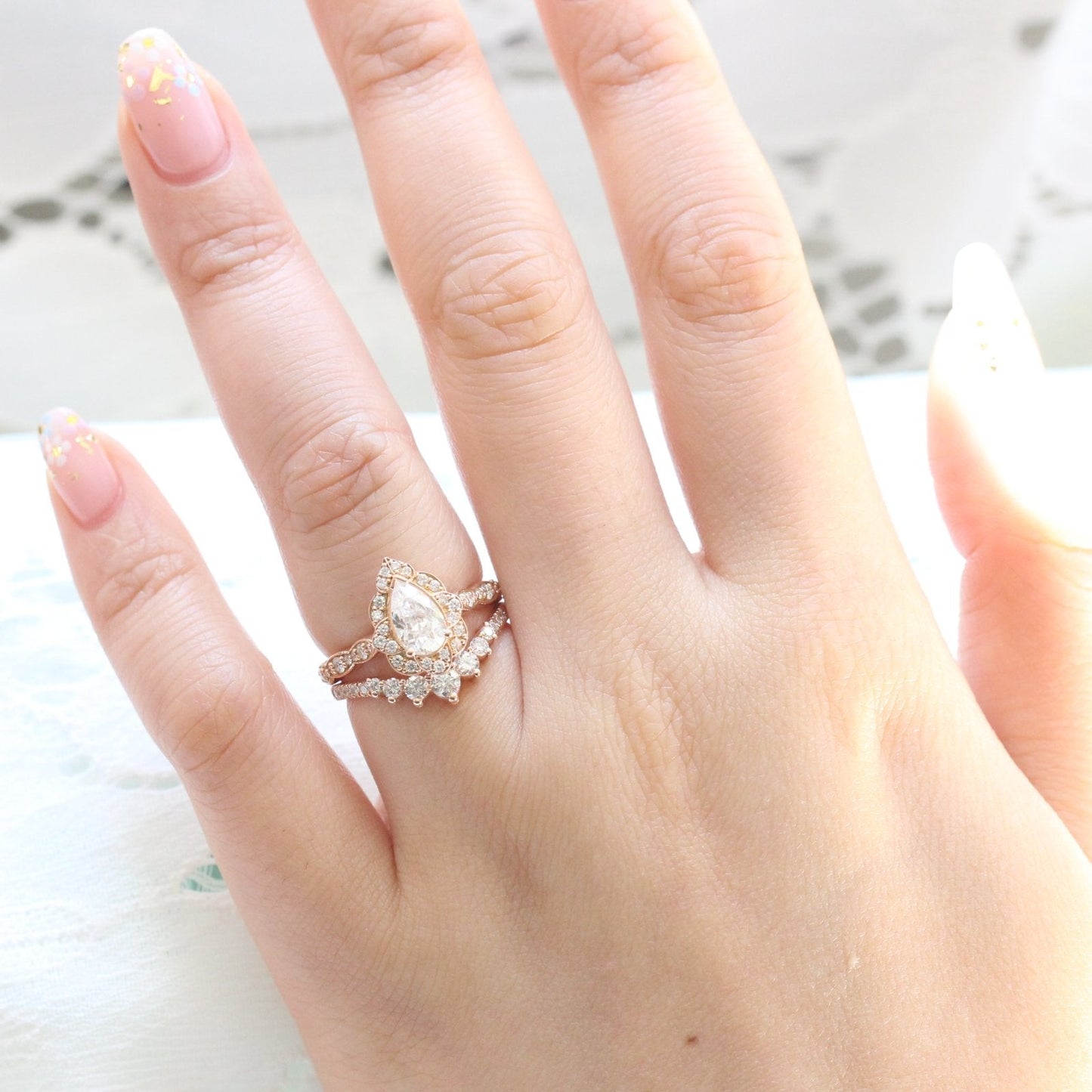 Pear cut moissanite with bridal band set 14k in rose gold