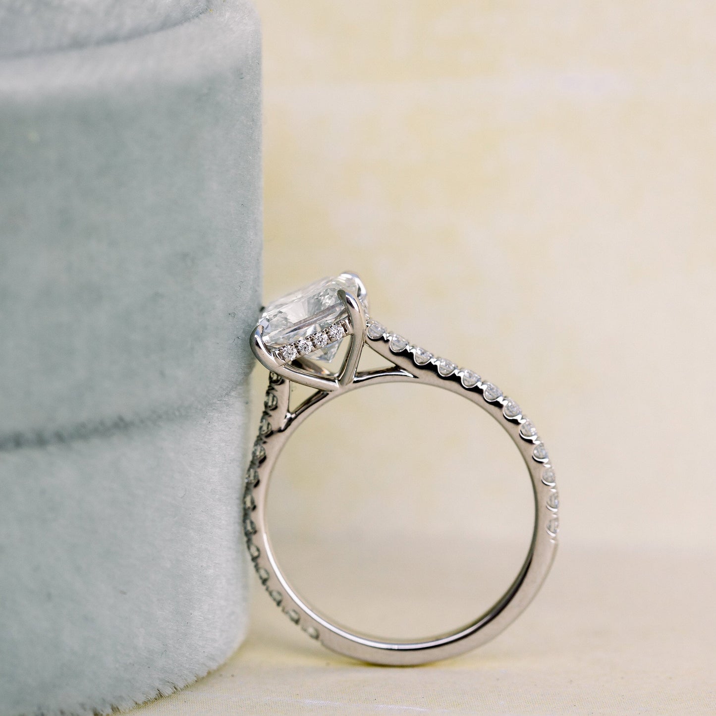2.25CT Cushion Cut Moissanite Cathedral Pave Diamond Engagement Ring