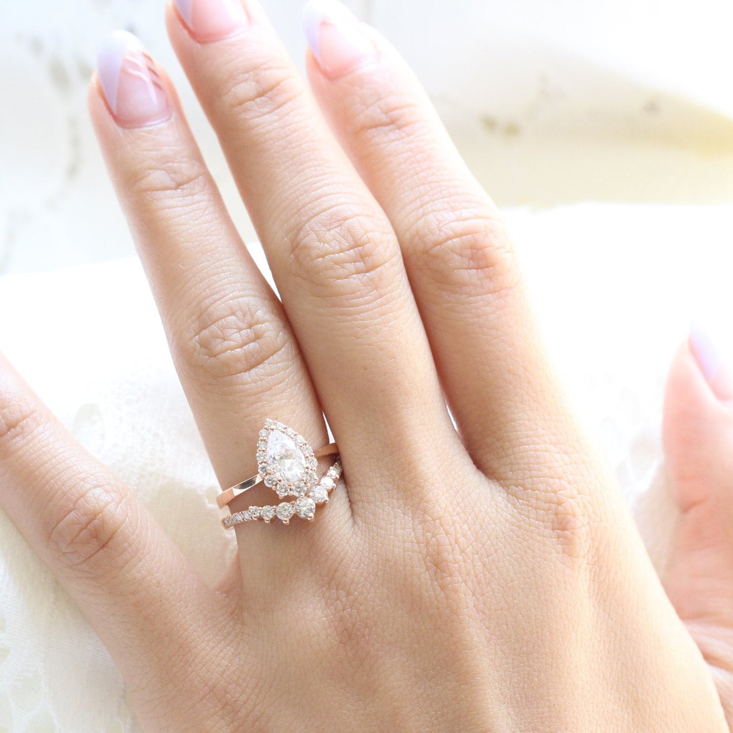 Pear cut moissanite with pave bridal band set 14k in rose gold