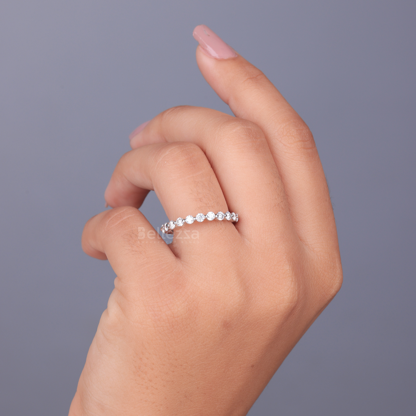 Round Brilliant Bubble Prong Moissanite Wedding Band - Ready to Ship