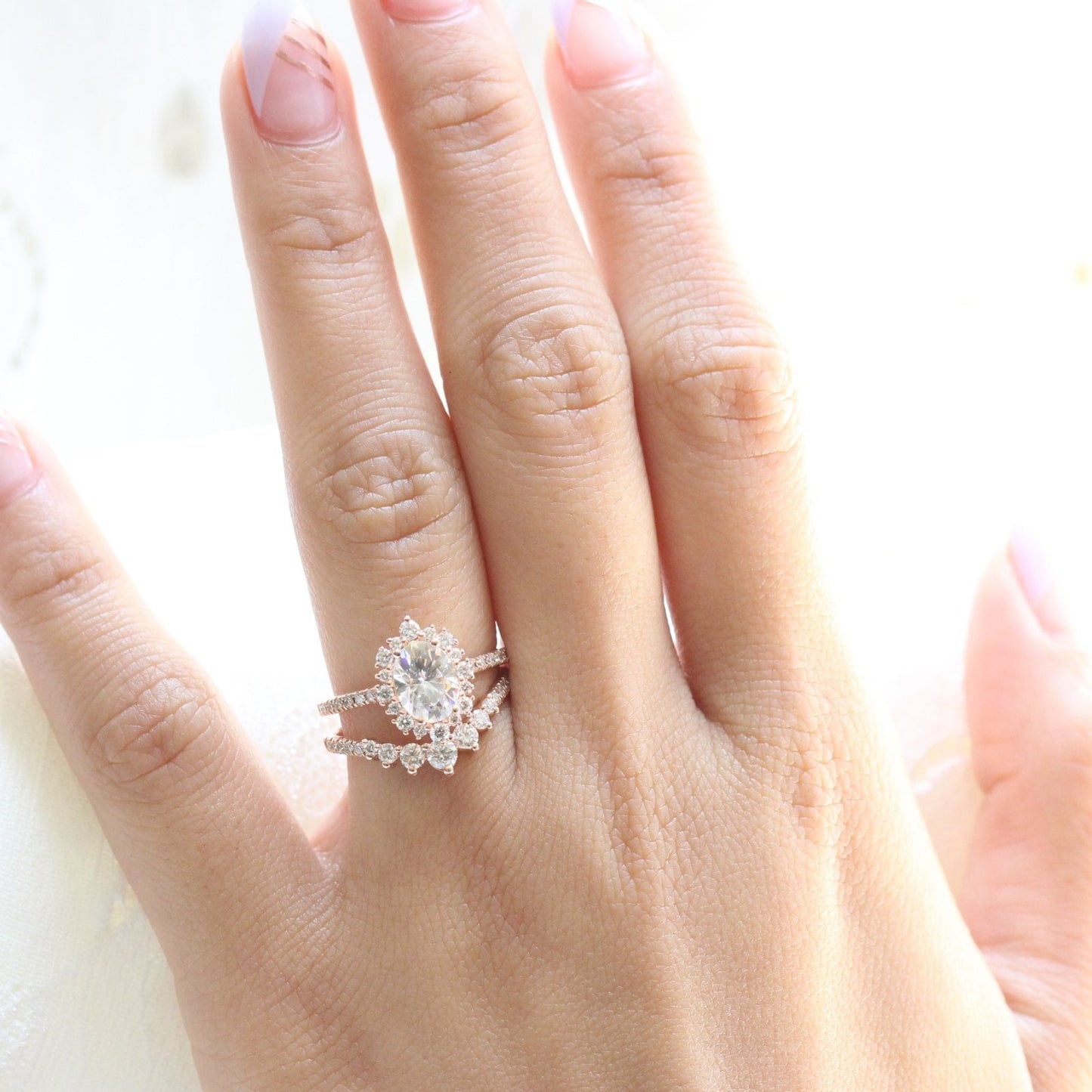Oval cut moissanite with halo bridal band set 14k in rose gold