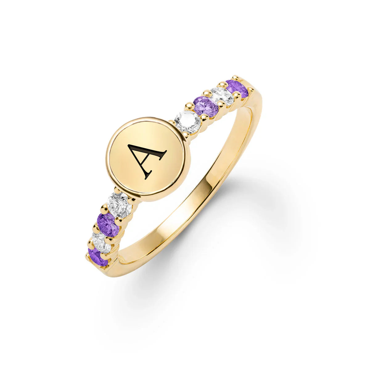 0.50 TCW Round Cut Customized Letter Moissanite February Birthstone Ring