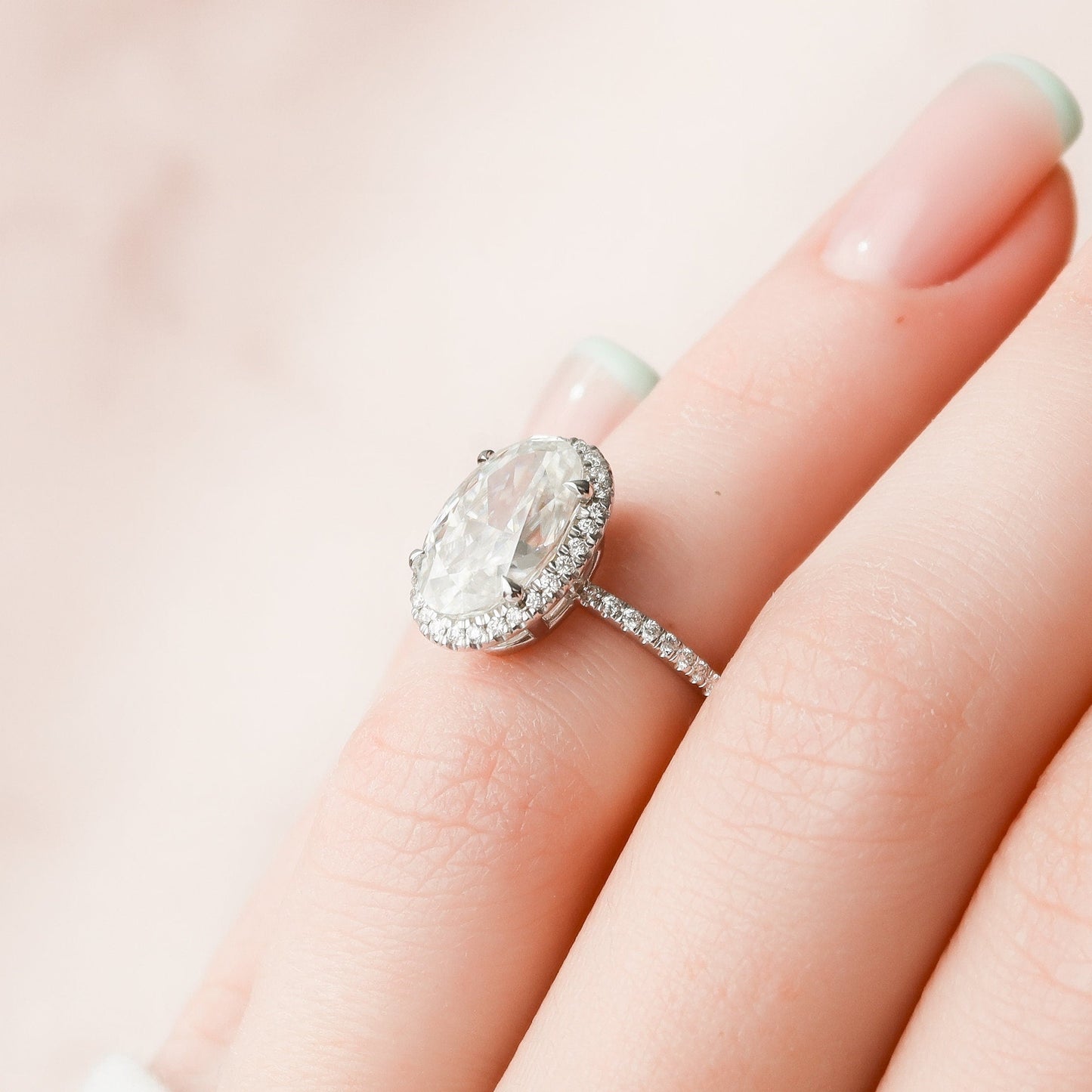 3.50CT Elongated Oval Cut Halo Moissanite Diamond Pave Engagement Ring