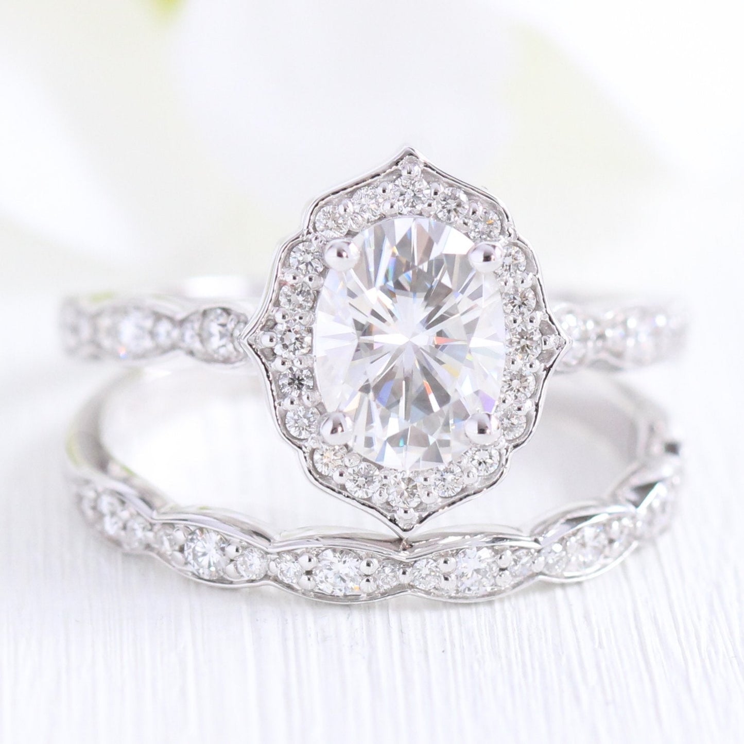 Oval cut moissanite with halo bridal band set 14k in rose gold